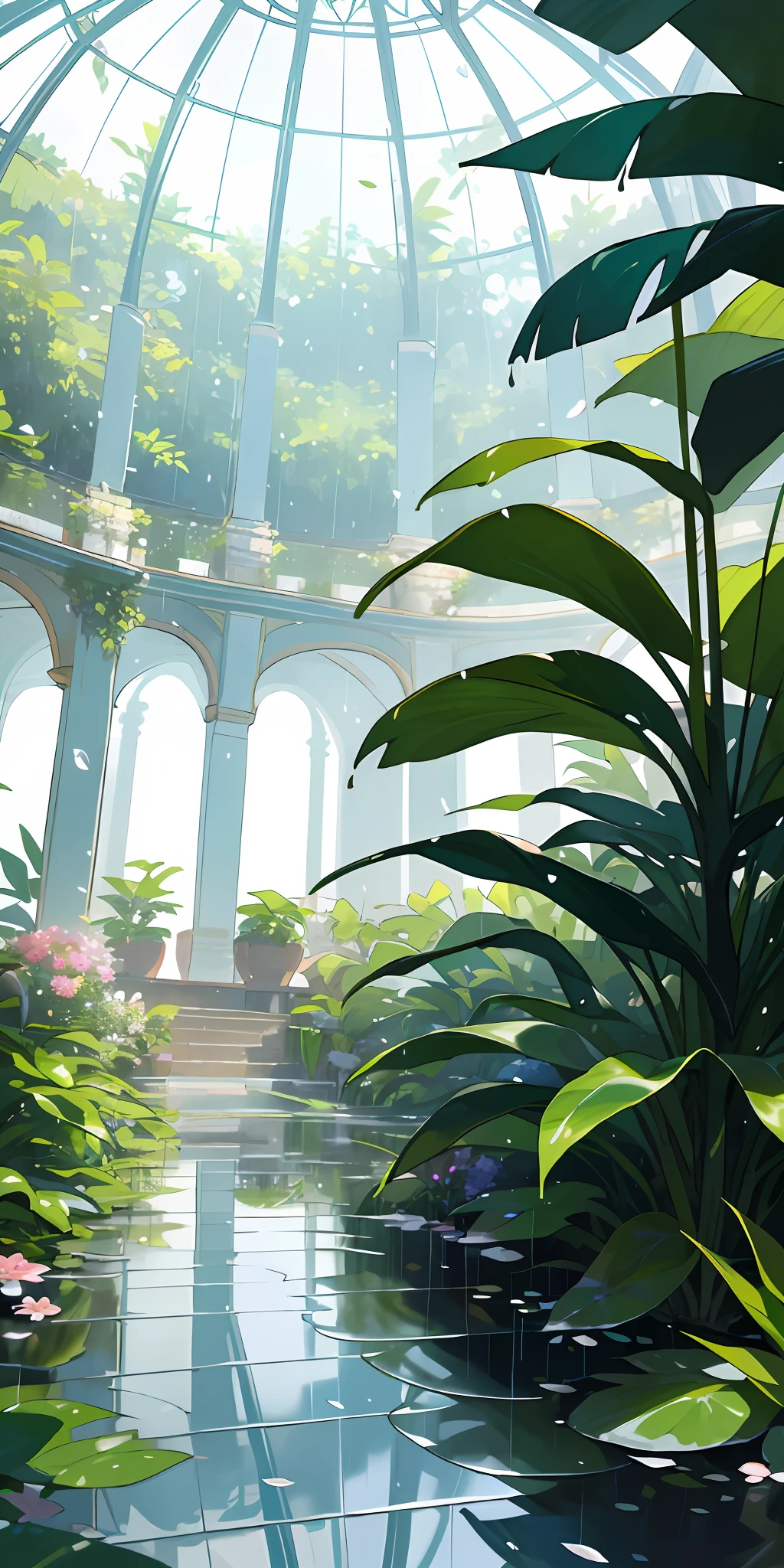 (top quality, masterpiece, ultra-realistic), rainy day, raining, wet ground, puddle, indoor botanical garden, dome, lots of flowers, dense mass plants, the background landscape is a garden with petals and puffs flying around. --v6