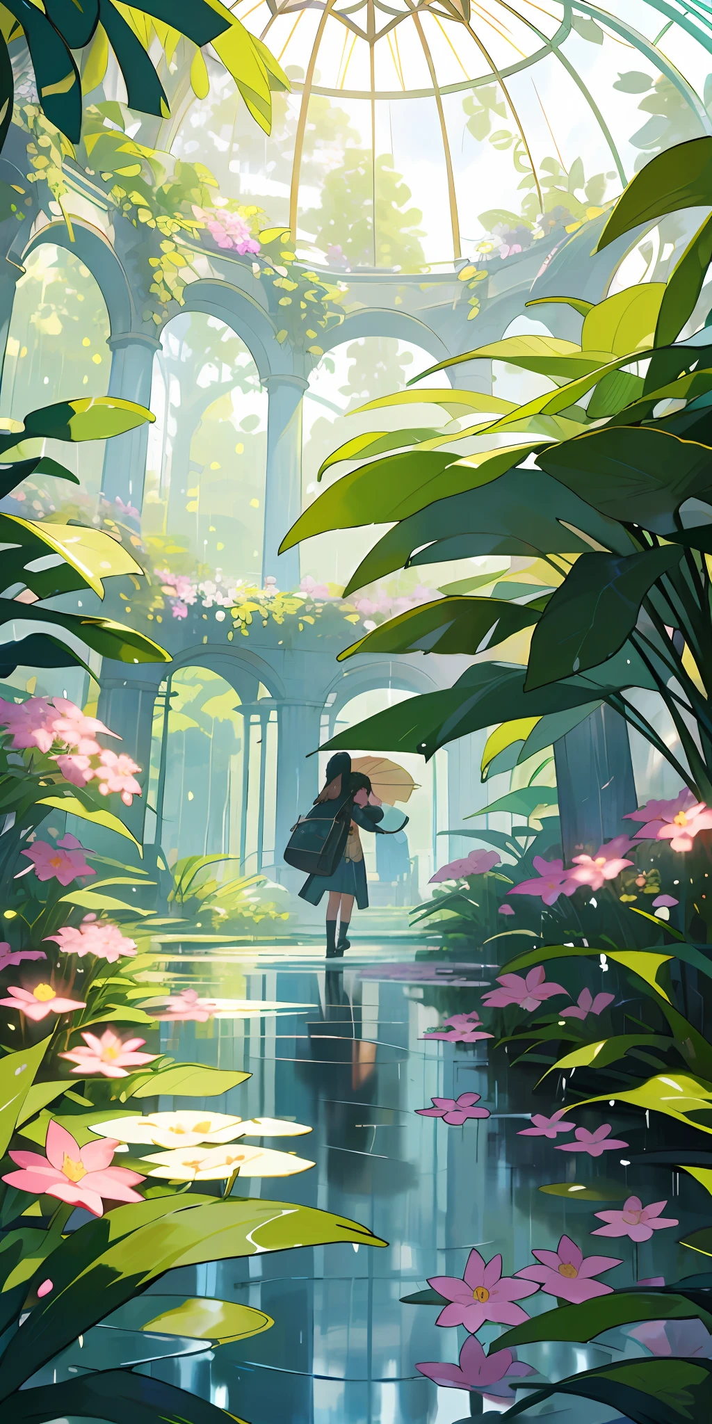 (top quality, masterpiece, ultra-realistic), rainy day, raining, wet ground, puddle, indoor botanical garden, dome, lots of flowers, dense mass plants, the background landscape is a garden with petals and puffs flying around. --v6