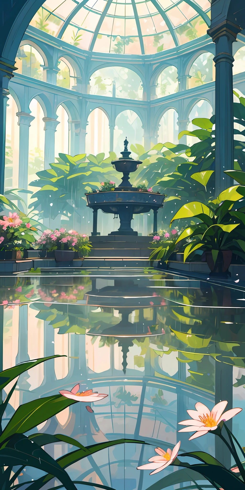 (top quality, masterpiece, ultra-realistic), rainy day, raining, wet ground, puddle, indoor botanical garden, dome, lots of flowers, dense mass plants, the background landscape is a garden with petals and puffs flying around. --v6