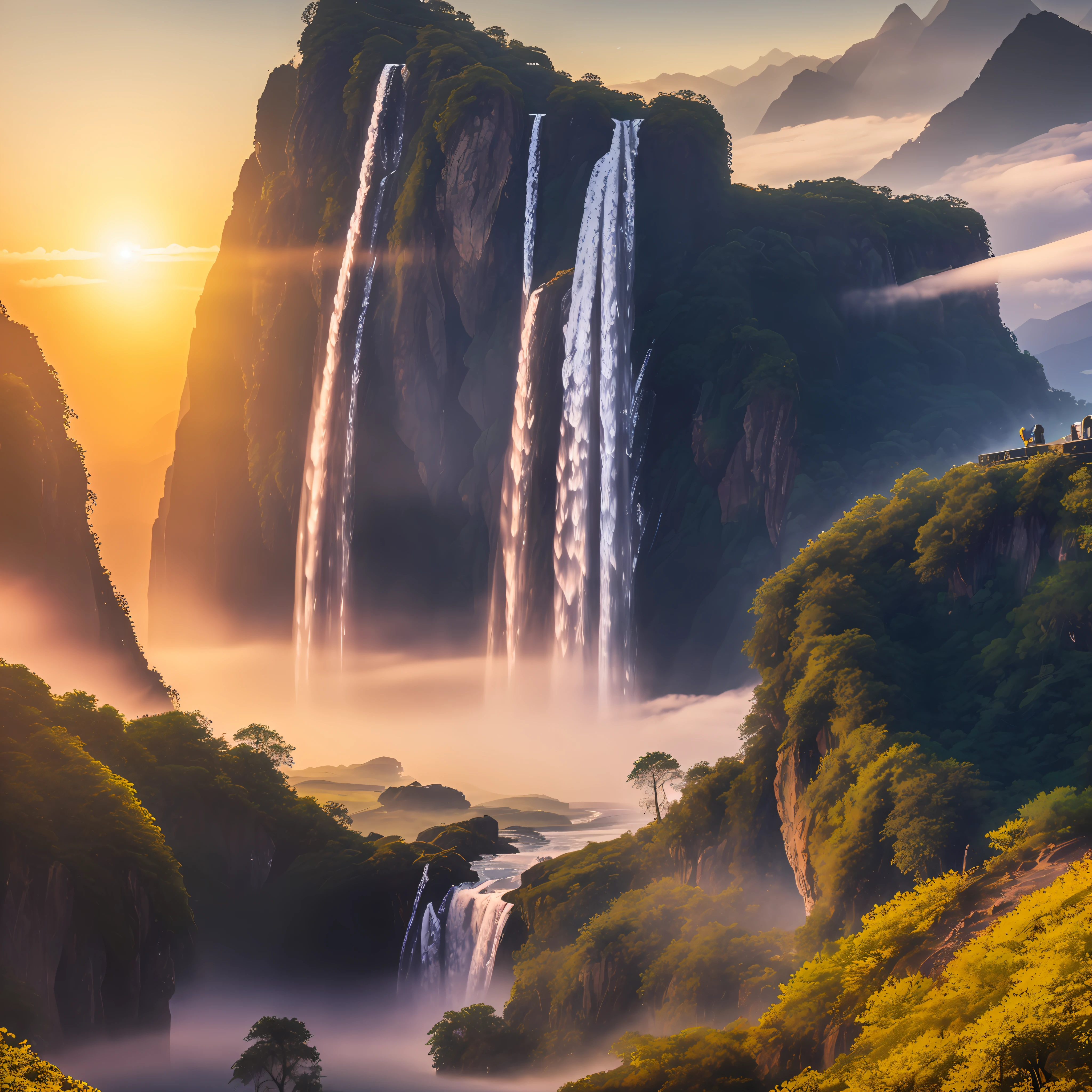 (8k, RAW photo, photorealistic:1.25) , on the mountain, see the waterfall, sunset, humanoid cloud, Verism, ray tracing, panorama, ultra wide angle, ultra hd, masterpiece, super detail, best quality, tyndall ray