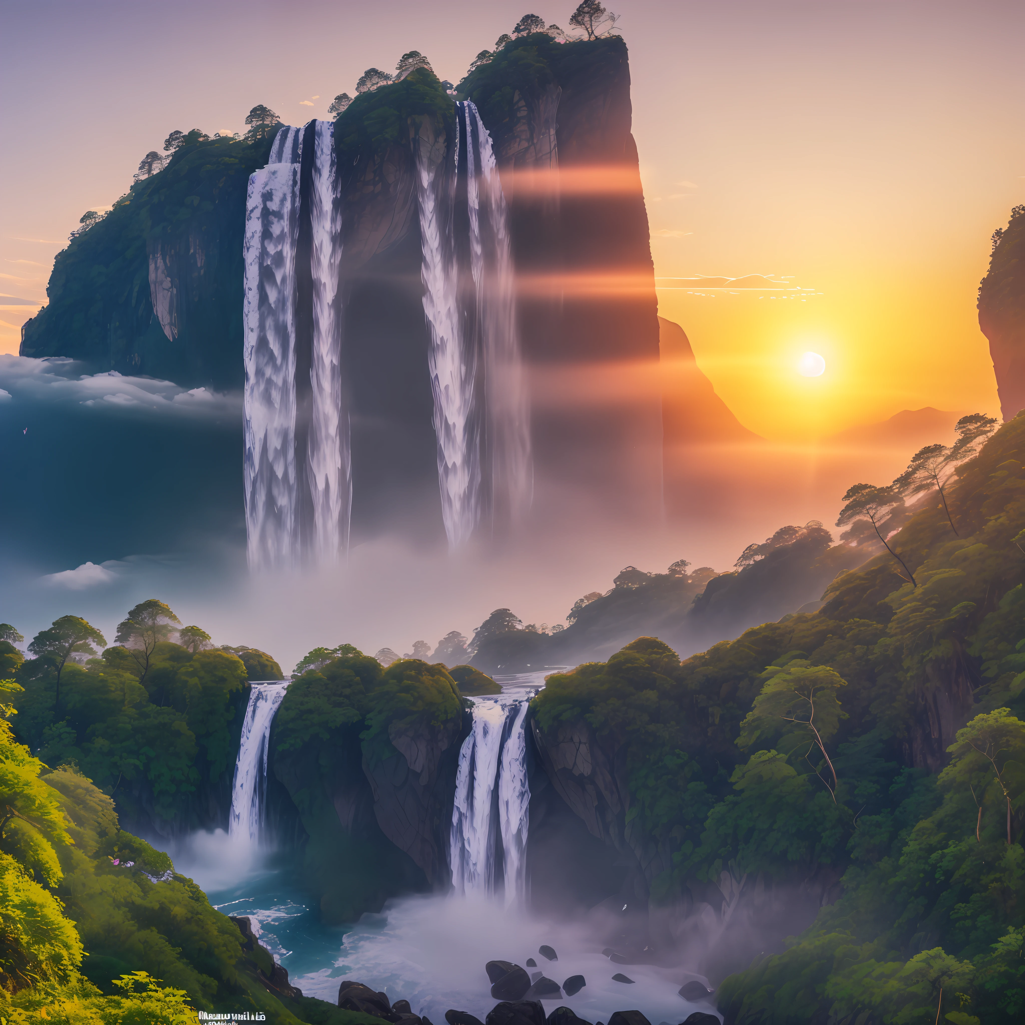 (8k, RAW photo, photorealistic:1.25) , on the mountain, see the waterfall, sunset, humanoid cloud, Verism, ray tracing, panorama, ultra wide angle, ultra hd, masterpiece, super detail, best quality, tyndall ray