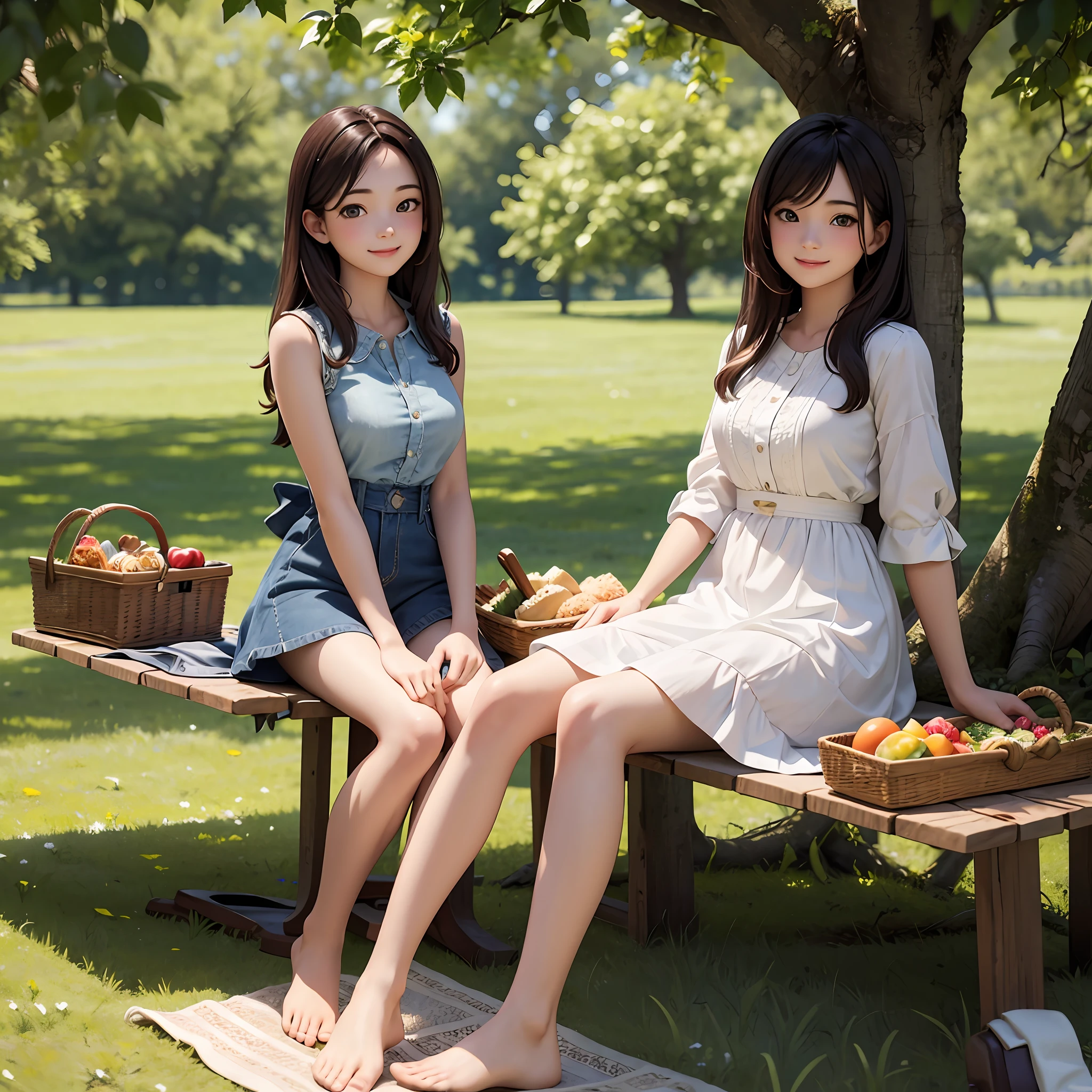 Uhd, realistic, masterpiece, 2 young women, picnic in the countryside, in the shade of a tree, thin, smiling, perfect body, whole body, detailed clothes