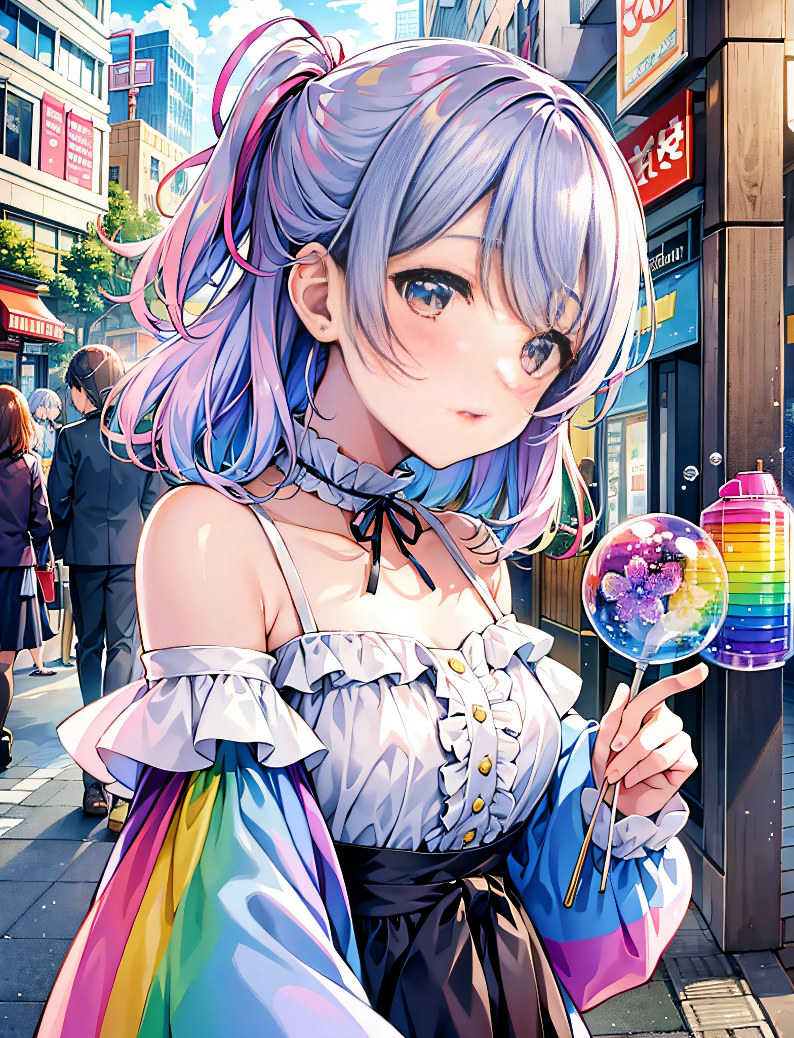 Yumekawa, dreamy cute, shopping, city, Harajuku, (masterpiece, top quality, highest quality, watercolor (middle), official art, beautiful and aesthetic: 1.2), (2 girls: 1.3), (fractal art: 1.3), upper body, kiss, lesbian, lolita fashion, lolita viewer watch, pattern, break, (pastel hair: 1.2), break, soap bubbles, rainbow behind, clouds, colorful, soap bubbles, spread throughout, cute, pastel,