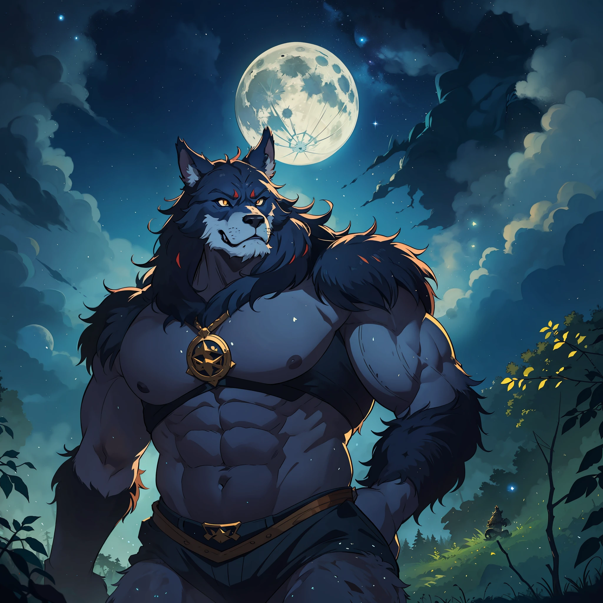 넓고 큰 몸을 가진 늑대 인간, 짐승, 그는 숲 한가운데에 있습니다, 보름달과 인상적인 별이 빛나는 하늘을 배경으로 중세 RPG