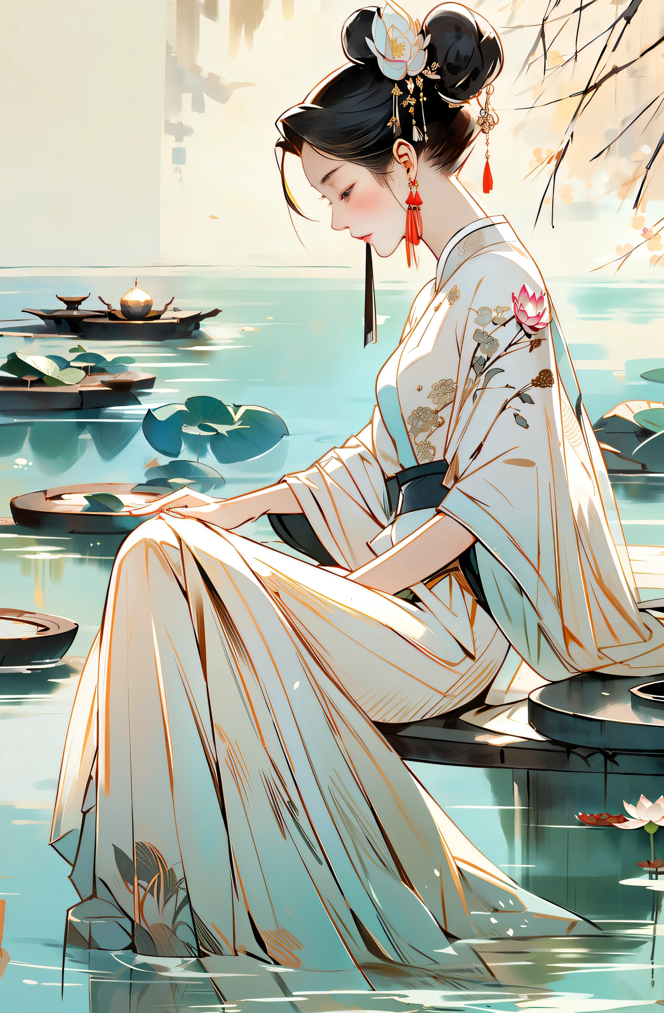 An ancient Chinese beauty sitting on a stone, wearing ancient Chinese clothing, flowing tulle, light silk, lazy posture, large lotus leaf, lotus, ink painting style, clean color, decisive cutting, blank, freehand, masterpiece, super detailed, epic composition, high quality, the highest quality, 4k --v 6