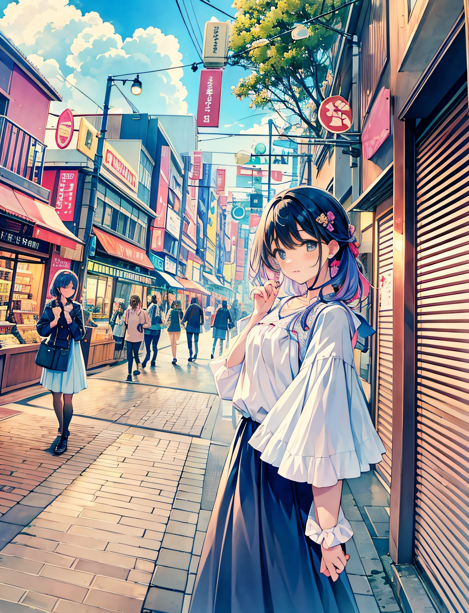 Yumekawa , cute as a dream, meeting for a date, lesbian, shopping, in the city, harajuku, (masterpiece, highest quality, highest quality, watercolor (middle), official art, beautiful and aesthetic: 1.2), (2 girls: 1.3), upper body, shopping, dress, , pattern, break, (pastel hair: 1.2), break, shopping in town, clouds, soap bubbles, fantastic, cute, pastel