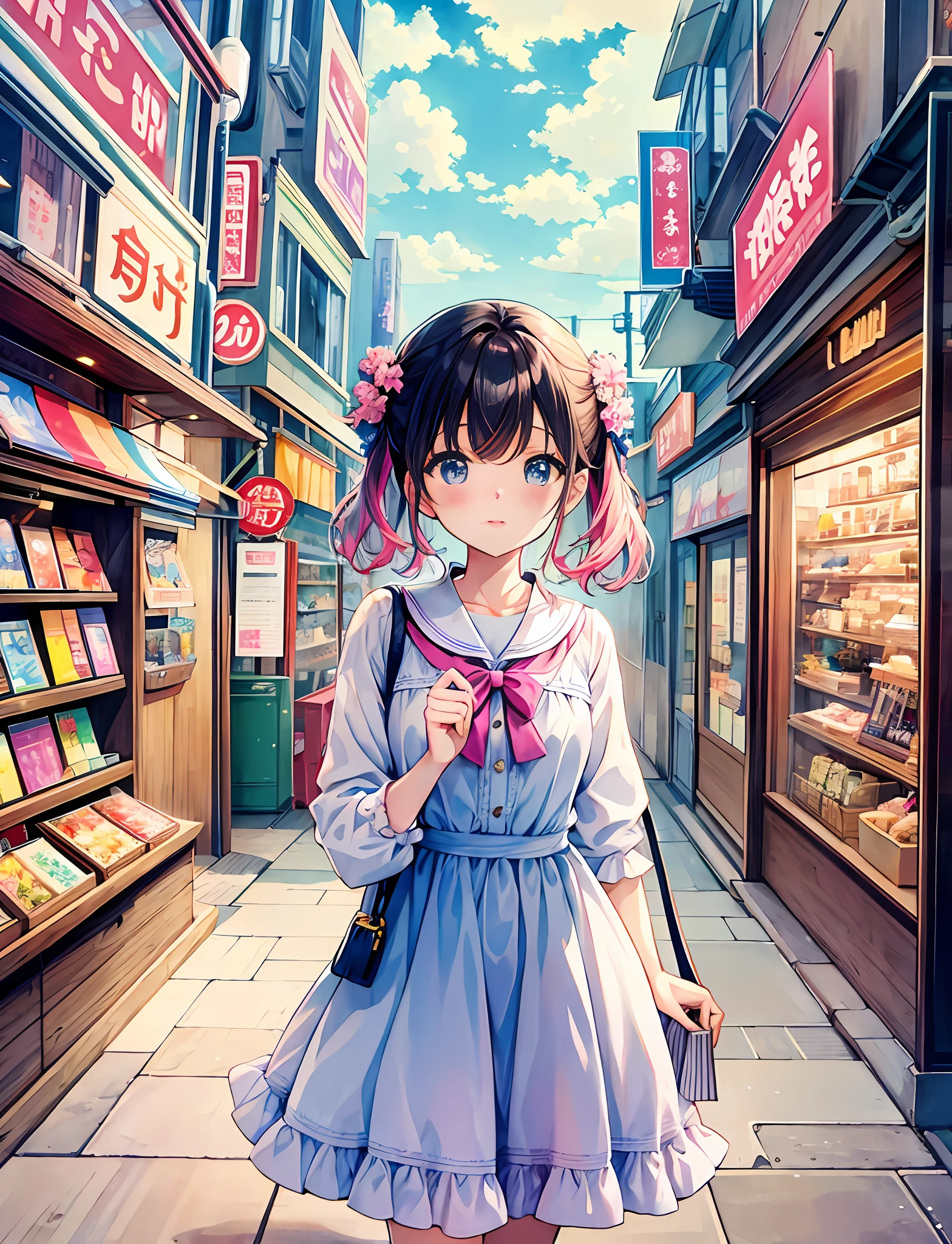 Yumekawa , cute as a dream, meeting for a date, lesbian, shopping, in the city, harajuku, (masterpiece, highest quality, highest quality, watercolor (middle), official art, beautiful and aesthetic: 1.2), (2 girls: 1.3), upper body, shopping, dress, , pattern, break, (pastel hair: 1.2), break, shopping in town, clouds, soap bubbles, fantastic, cute, pastel