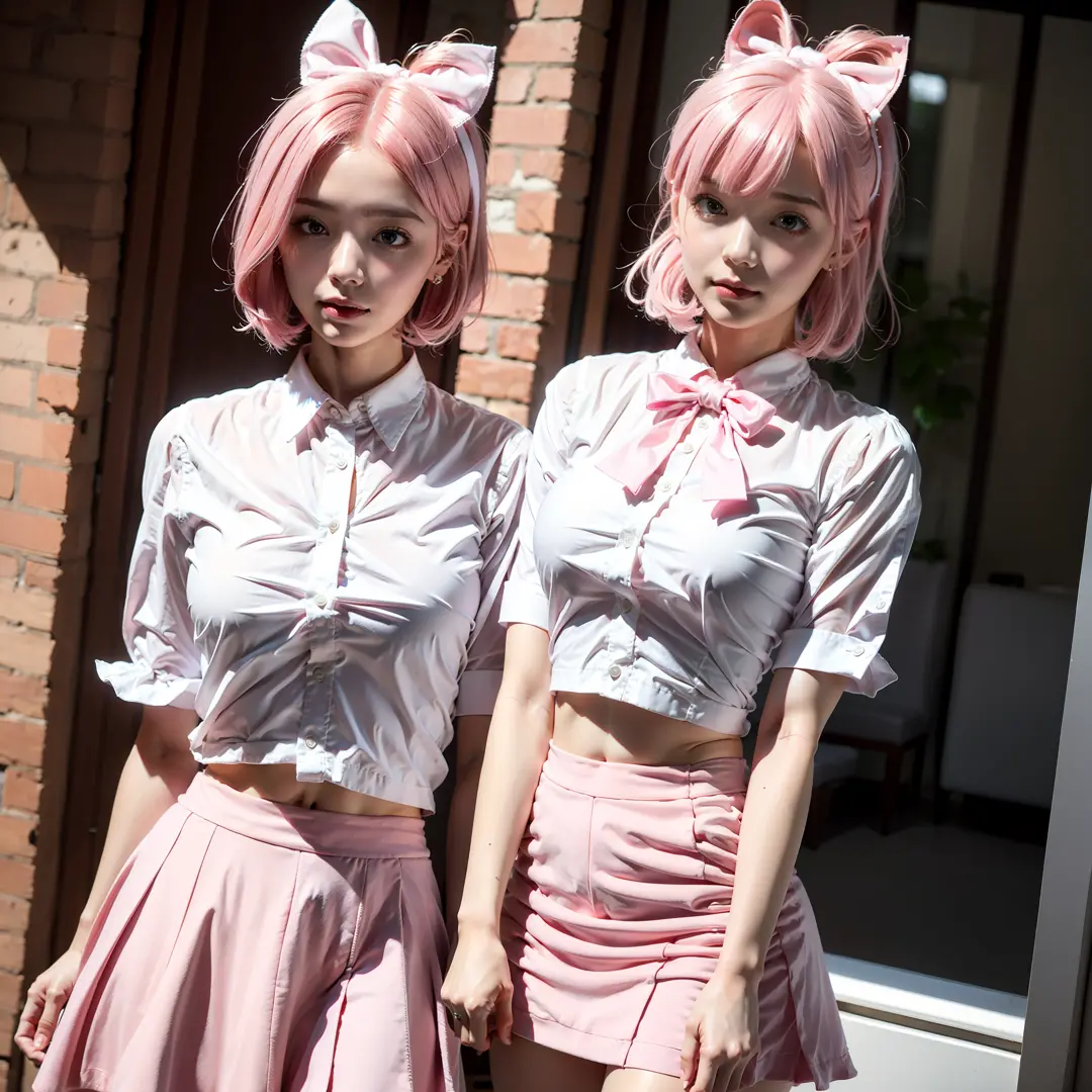 1 girl with pink hair, white blouse, pink bow. short black skirt, cute