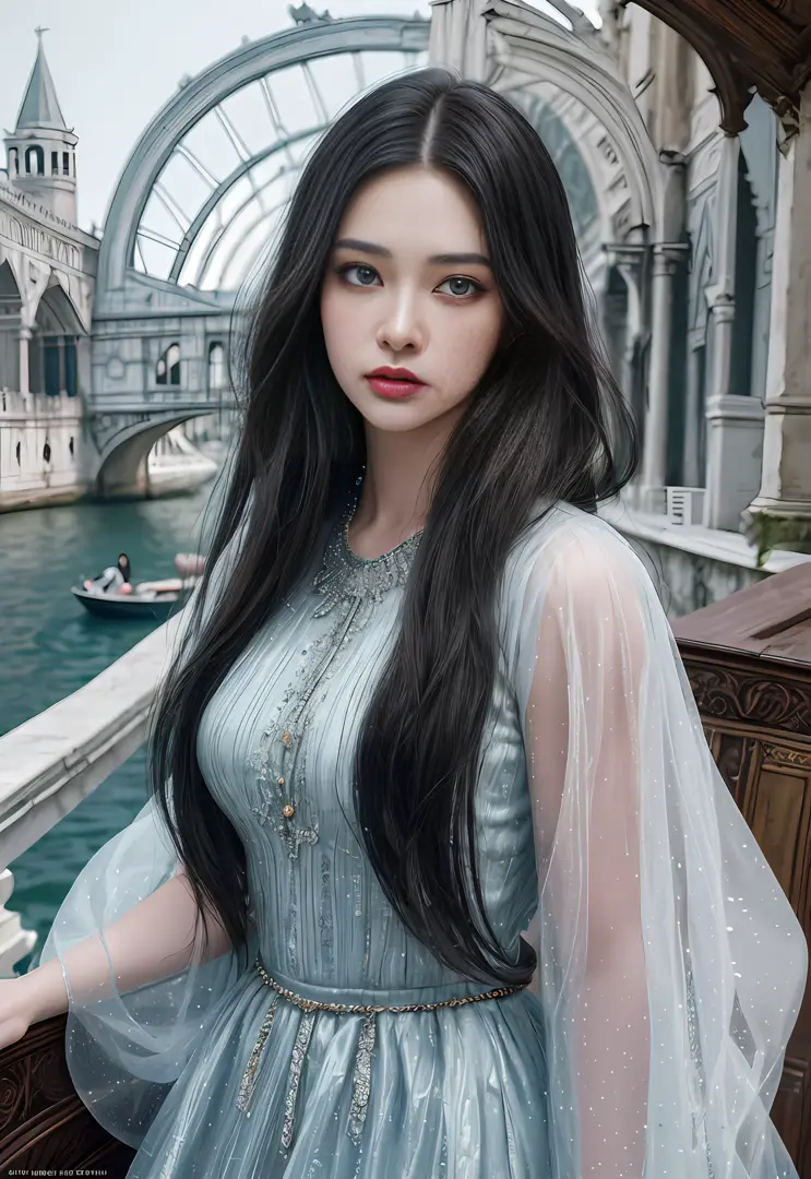 a hyper realistic ultra detailed photograph of a beautiful girl as a female 2020s dancer on the boat of 2020s venice,(bridge of ...