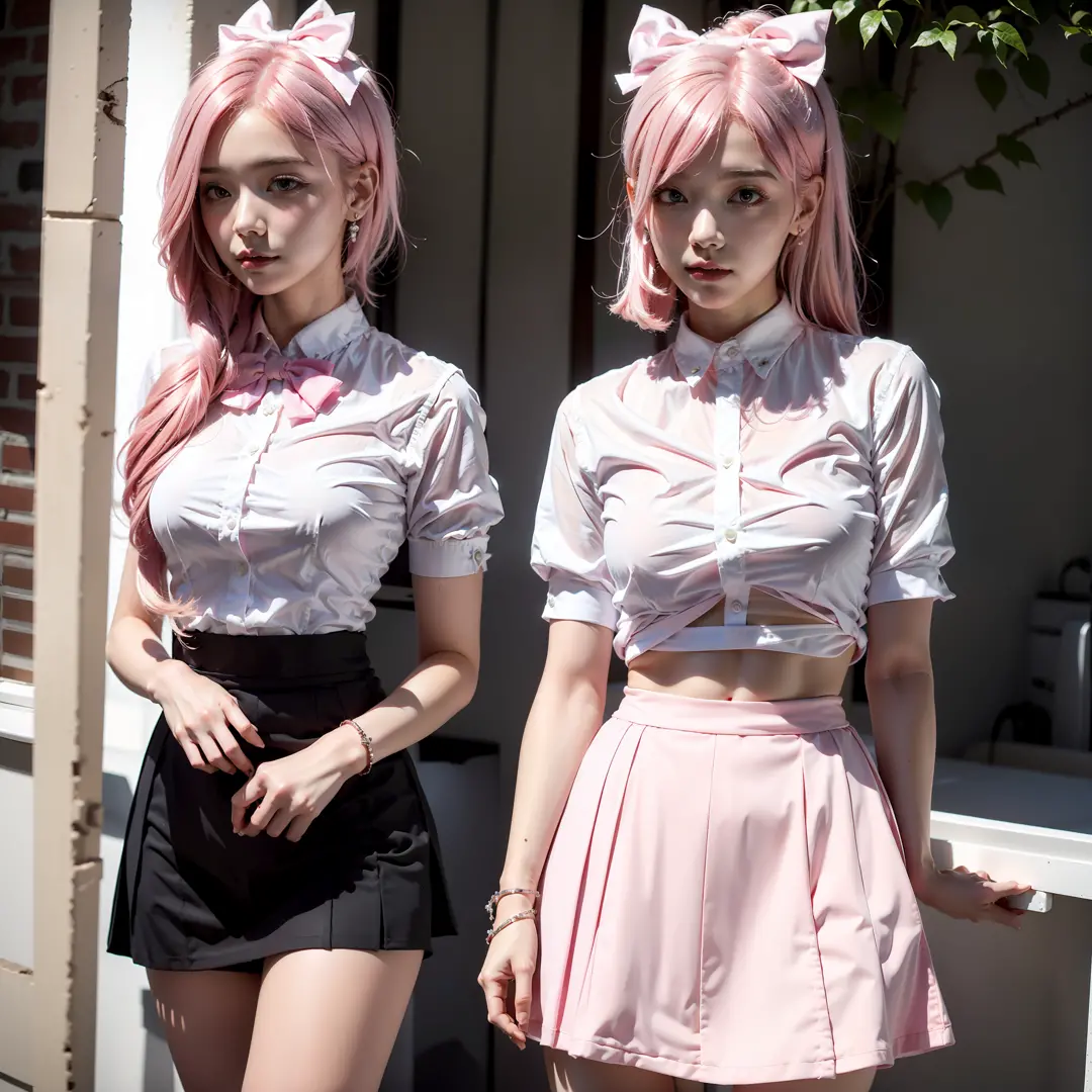 1 girl with pink hair, white blouse, pink bow. short black skirt, cute