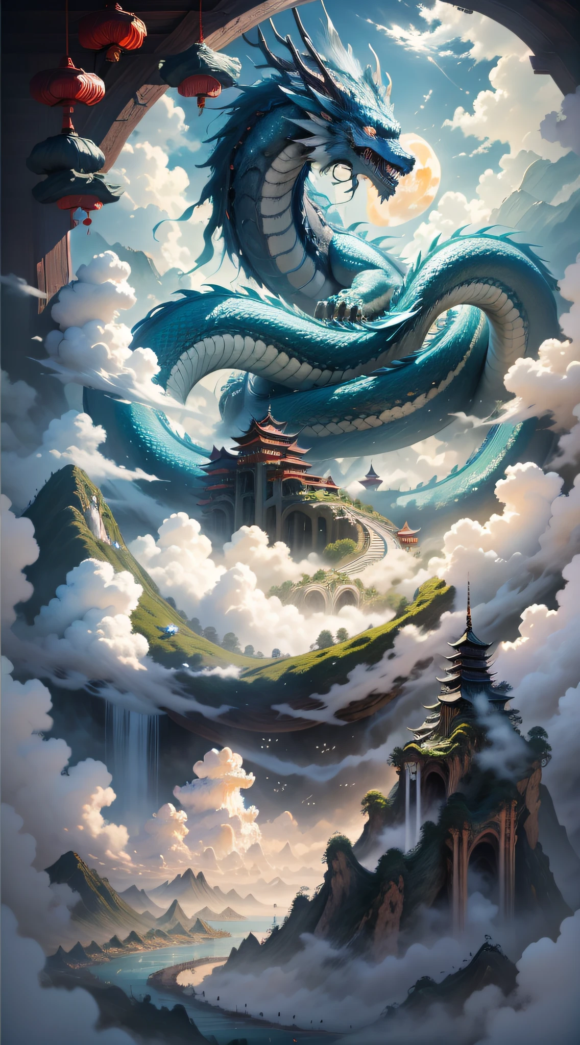 Un enorme dragón como una montaña devora el sol y la luna., su figura aparece en las nubes, el agua negra está surgiendo, (las olas corren hacia el cielo), la isla de las montañas de las hadas, (el pabellón está en las nubes en el aire), ((nubes y niebla)), rugido, Feroz, ((mitología china)), alta calidad, ultra-fine, detallado, preciso, (Obra maestra), Trabajo maestro, (resolución de 16K), iluminación de película, perspectiva dinámica 117/2000