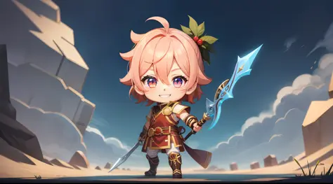 a character boy (man) chibi warrior outfit, smiling