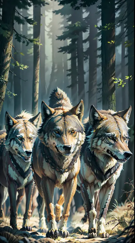 pack of wild wolves, hunting, light, dangerous forest. (photorealistic) great leader.