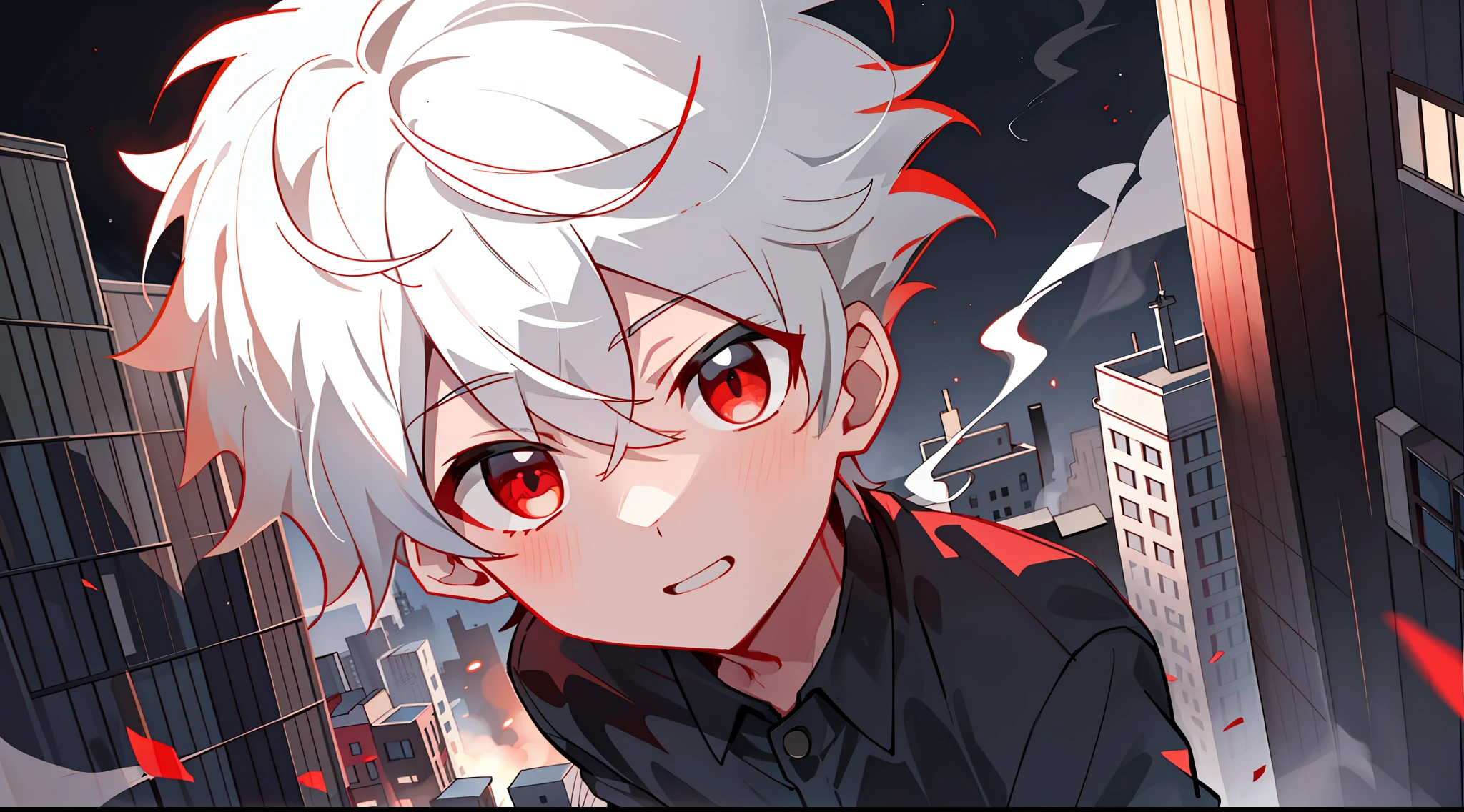 (high-quality, breathtaking),(expressive eyes, perfect face), 1boy, solo, short, young boy, short white hair, red eyes, falling down from dark sky, on top of building, night, buildings, smoke