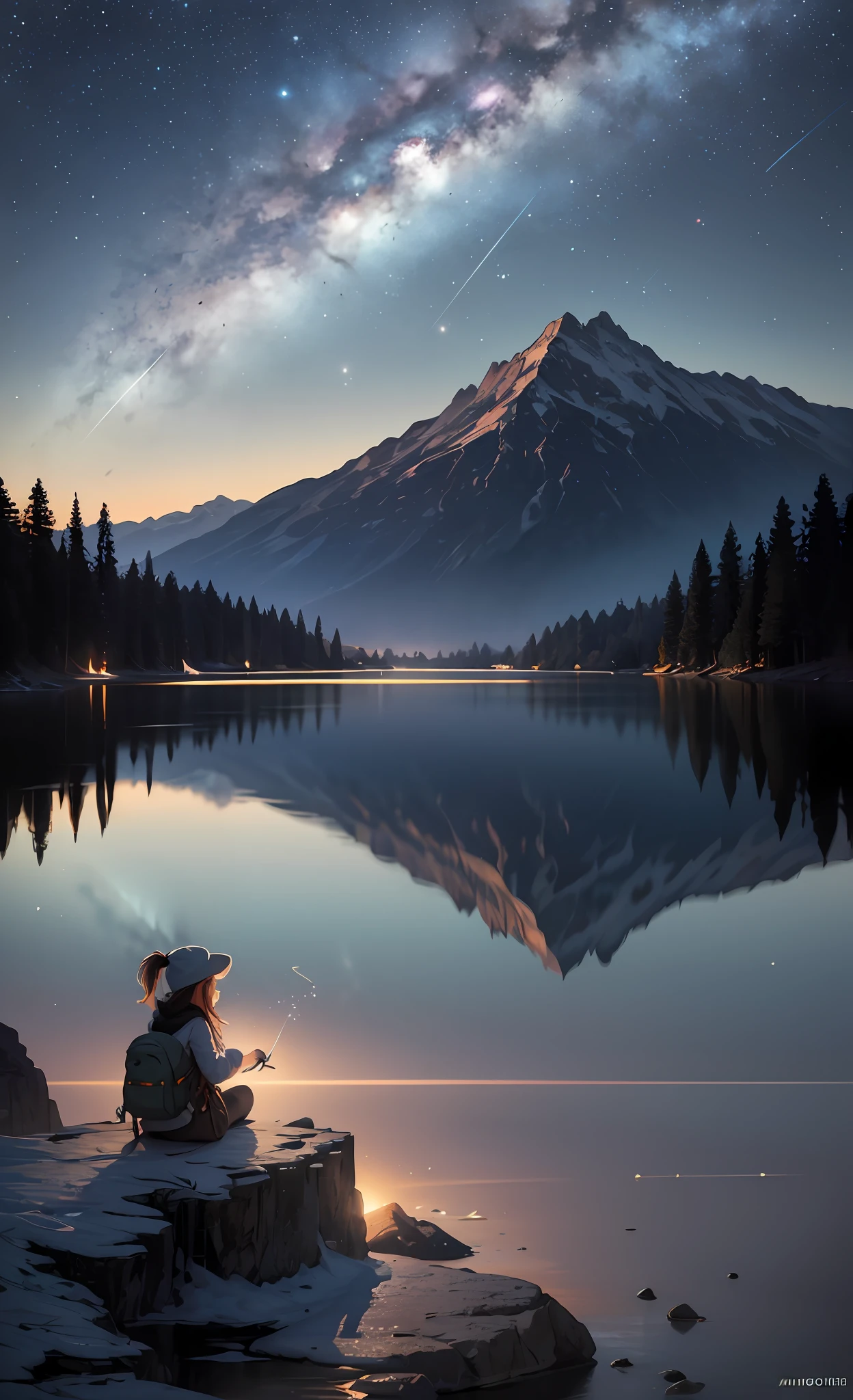 masterpiece, best quality, ultra-detailed, illustration, 1girl, solo, outdoors, camping, night, mountains, nature, stars, moon, bonfire, tent, twin ponytails, green eyes, cheerful, happy, backpack, sleeping bag, camping stove, water bottle, mountain boots, gloves, sweater, hat, flashlight, forest, rocks, river, wood, smoke, shadows, contrast, clear sky, constellations, Milky Way, peaceful, serene, quiet, tranquil, remote, secluded, adventurous, exploration, escape, independence, survival, resourcefulness, challenge, perseverance, stamina, endurance, observation, intuition, adaptability, creativity, imagination, artistry, inspiration, beauty, awe, wonder, gratitude, appreciation, relaxation, enjoyment, rejuvenation, mindfulness, awareness, connection, harmony, balance, texture, detail, realism, depth, perspective, composition, color, light, shadow, reflection, refraction, tone, contrast, foreground, middle ground, background, naturalistic, figurative, representational, impressionistic, expressionistic, abstract, innovative, experimental, unique, cinematic