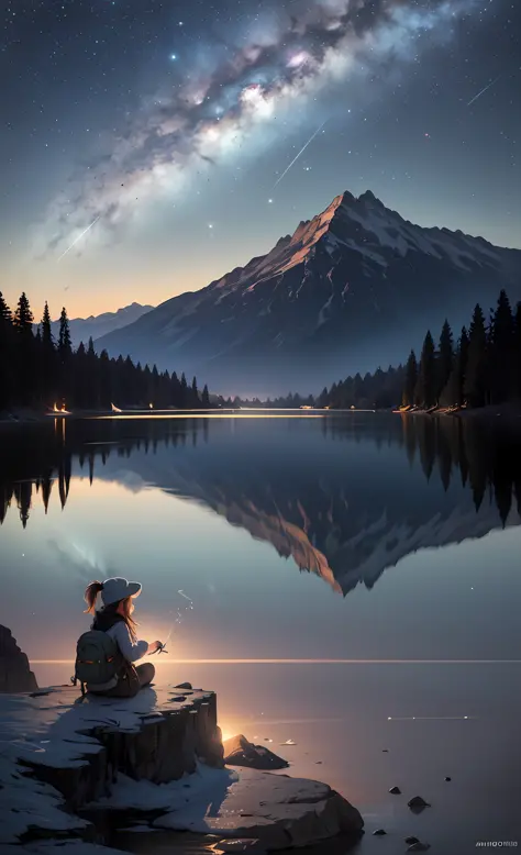 masterpiece, best quality, ultra-detailed, illustration, 1girl, solo, outdoors, camping, night, mountains, nature, stars, moon, ...