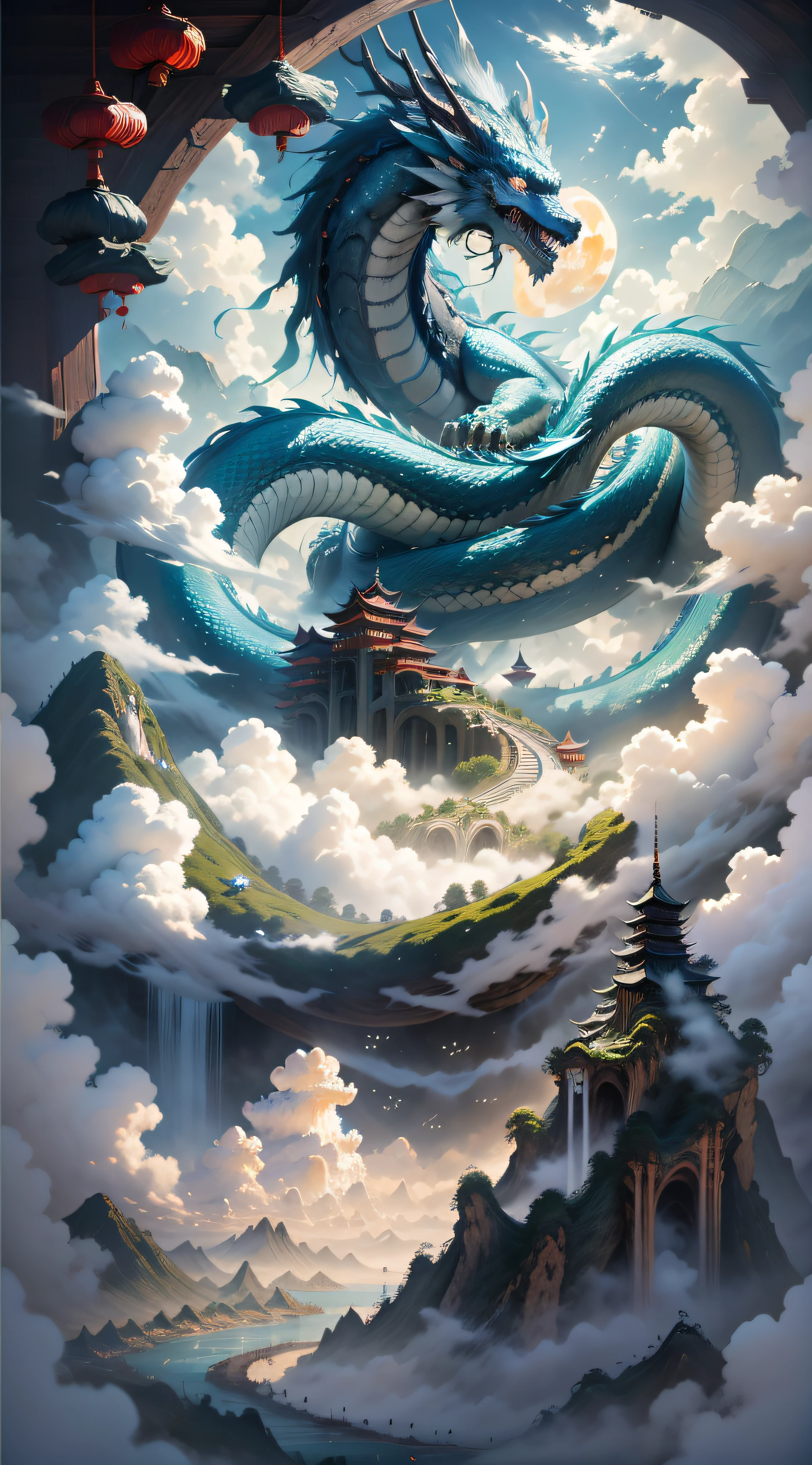 Um enorme dragão como uma montanha devora o sol e a lua, sua figura aparece nas nuvens, a água negra está surgindo, (as ondas correm para o céu), a ilha da montanha das fadas, (o pavilhão está nas nuvens no ar), ((nuvens e névoa)), rugindo, feroz, ((mitologia chinesa)), alta qualidade, Ultrafino, detalhado, Preciso, (Obra de arte), Trabalho mestre, (Resolução 16K), iluminação de filme, perspectiva dinâmica 117/2000