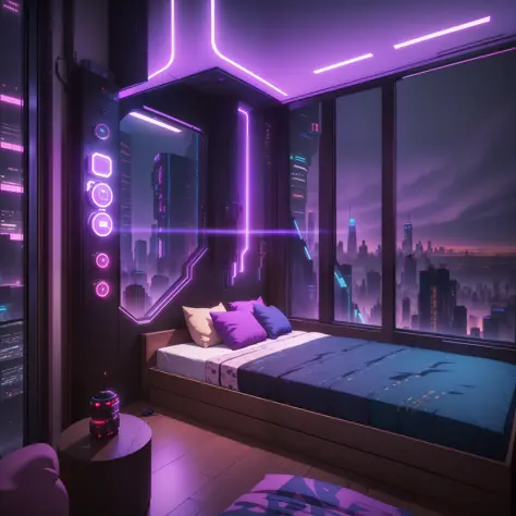 arafed view of a bedroom with a city view at night, cyberpunk bedroom at night, the cyberpunk apartment, cyberpunk apartment, cy...