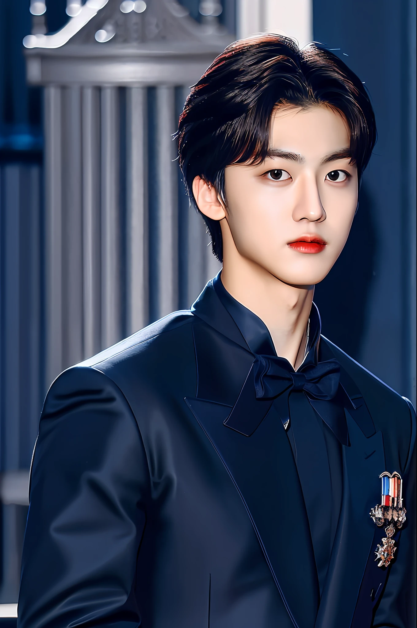 jaemin, afrontar, jovencito, Labios partidos, (pelo azul marino oscuro:1.2), traje príncipe real azul marino oscuro, (ultra realista:1.2), (de cerca:1.2), (fondo del castillo gótico europeo:1.2), (Intrincado:1.2), (mirando al espectador:1.2), enfoque masculino, 1male, solo,