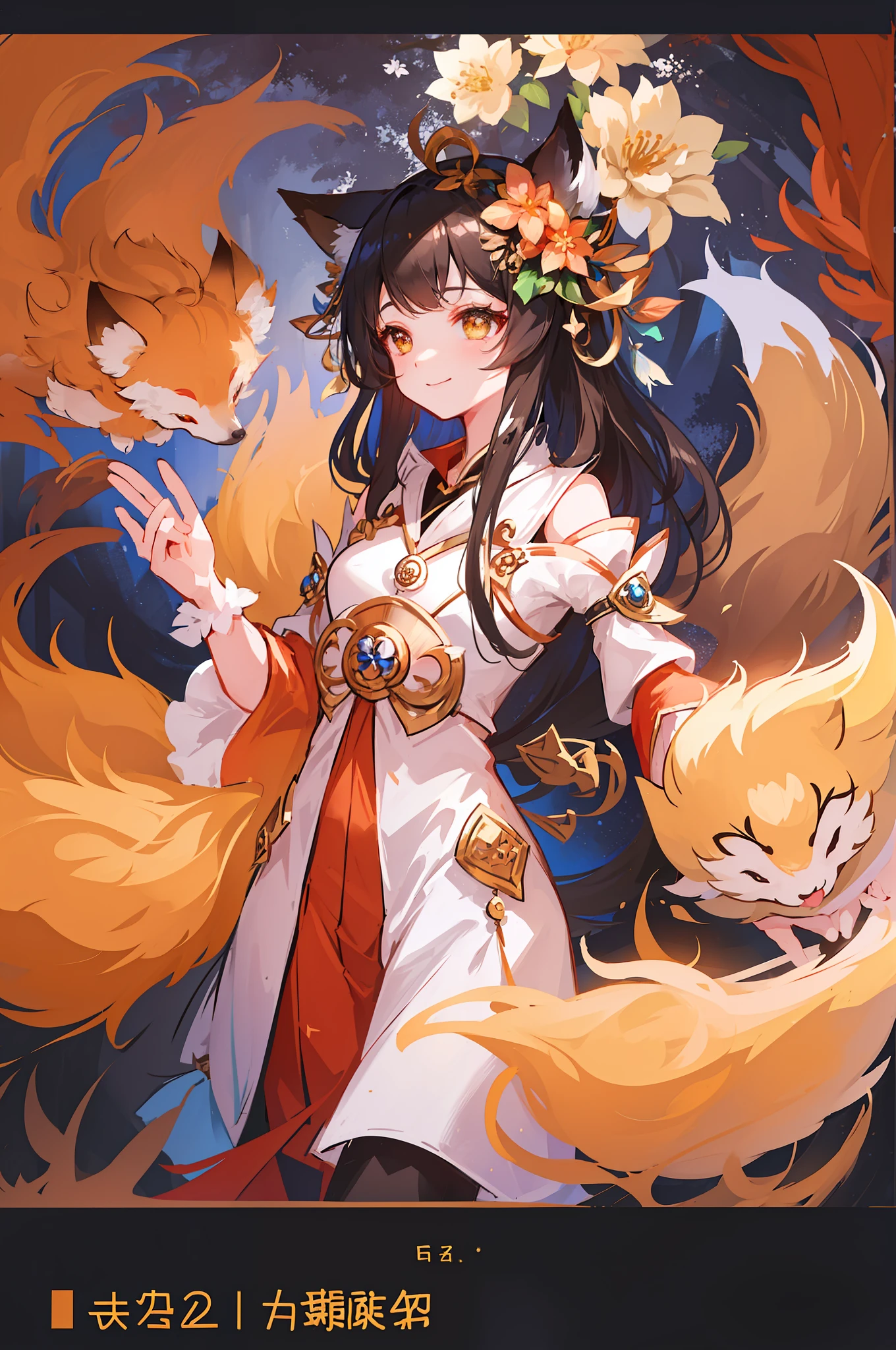 (super detailed), best quality, well-crafted illustration with a touch of cuteness - a fox girl, fox ear hair ornament, (floating in the air, with playful and lively expressions), dynamic poses and spontaneous movements, high resolution, (blue theme: 1.2), dynamic lights and shadows, surrounded by nature, (flowers and trees: 1.2), (bright colors: 1.1), and a touch of mystery in the background.