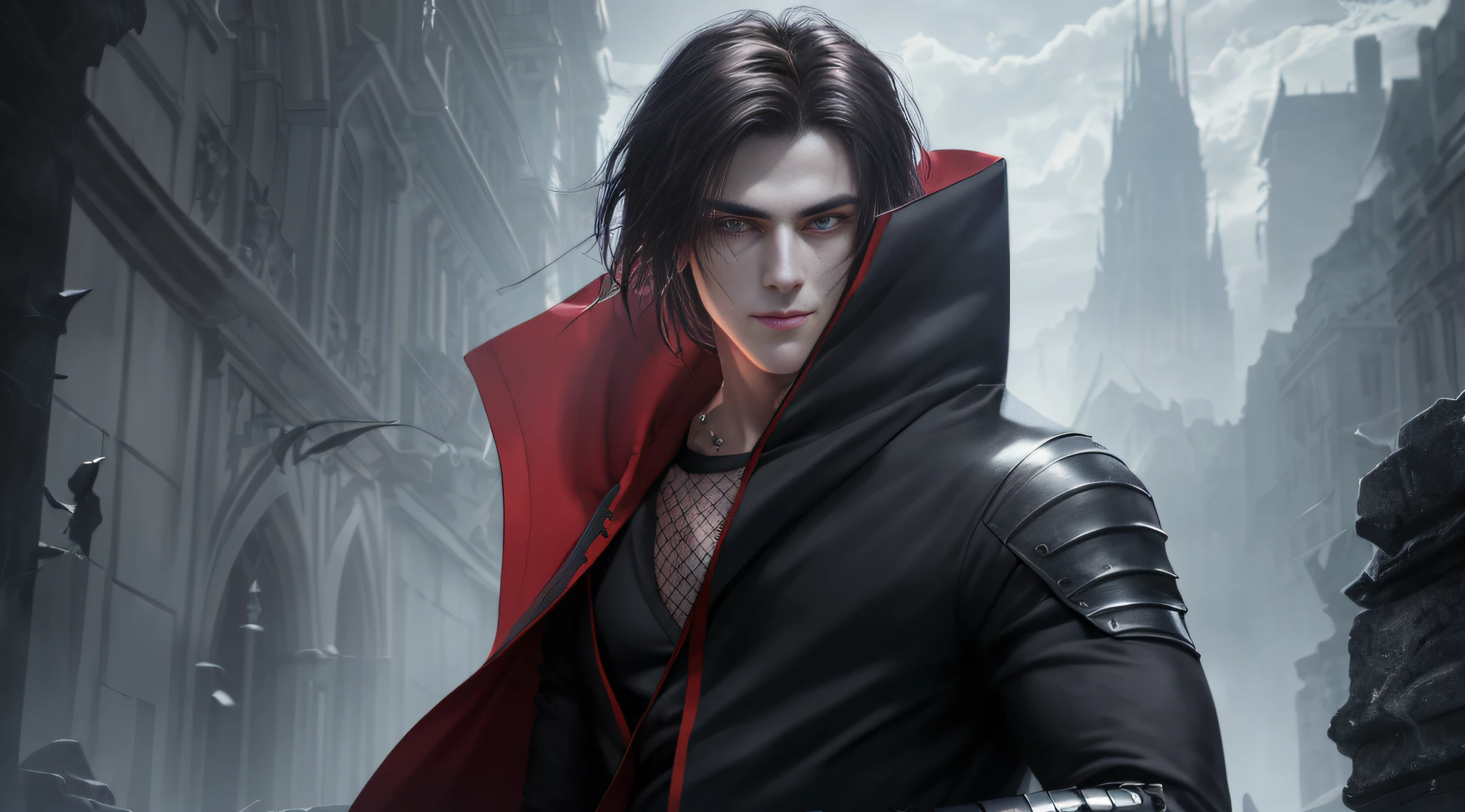 (exceedingly detailed CG unity 8k wallpaper, masterpiece, best quality, ultra-detailed), dynamic pose, a stunning and handsome young man with an alluring hood, (dark hair, a hint of a smile, piercing eyes), dramatic shadows, gloomy atmosphere.