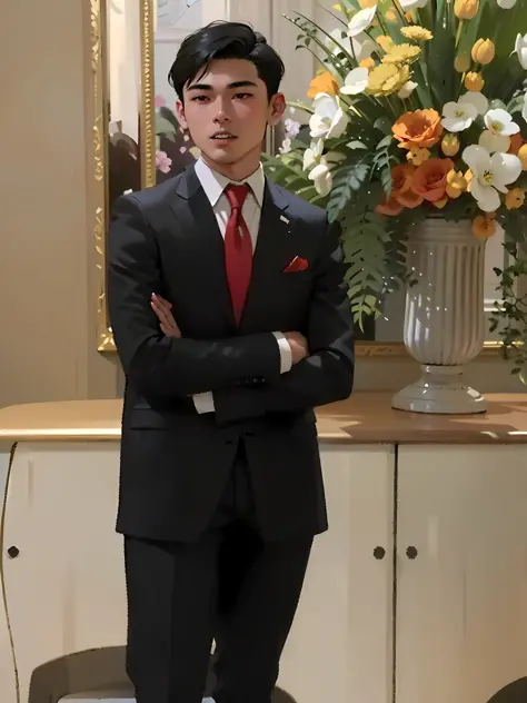 arafed man in a suit and tie standing in front of a vase of flowers, profile picture, formal attire, around 20 yo, wearing red f...