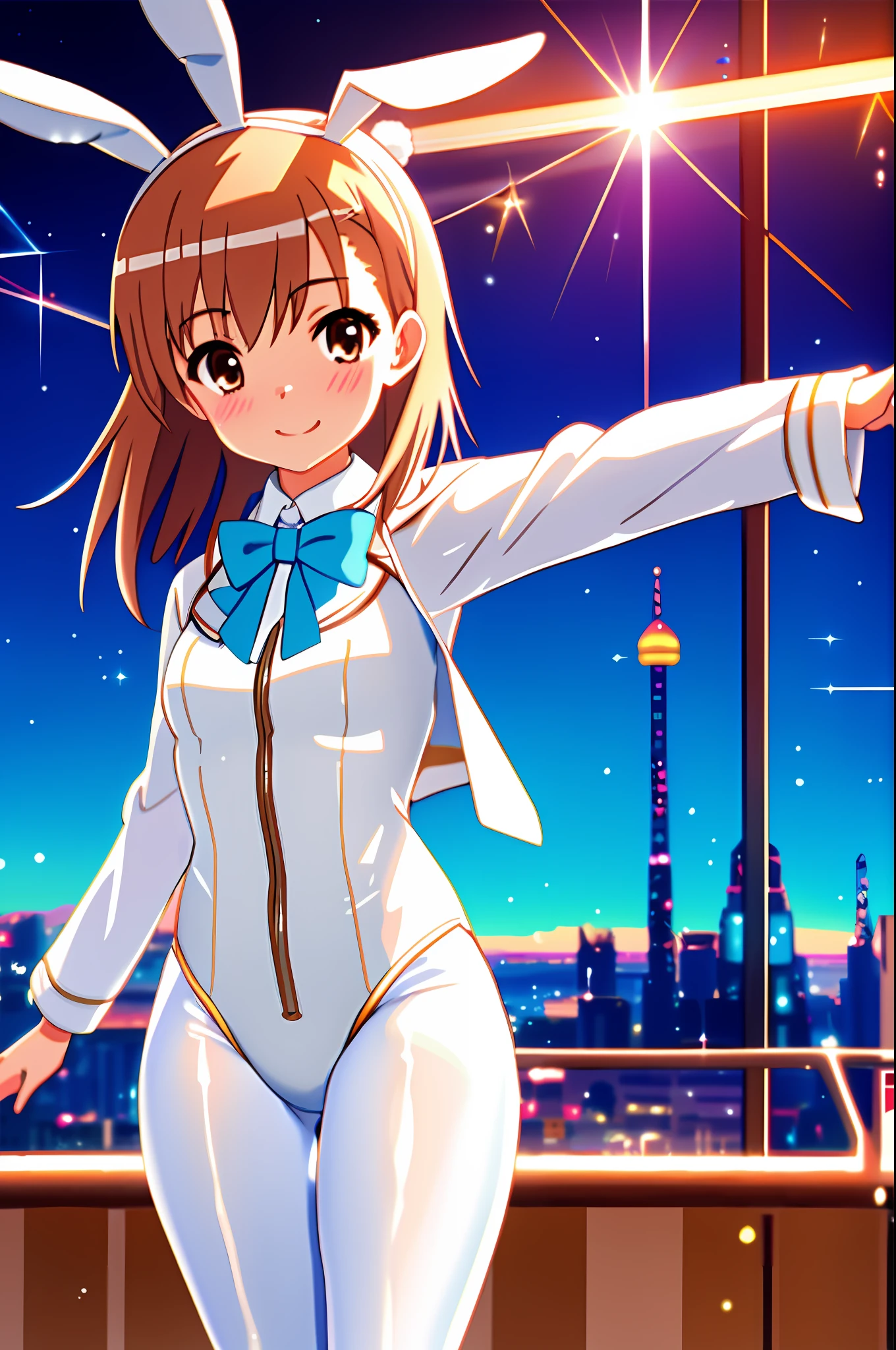 masterpiece, best quality, misaka_mikoto, brown eyes, looking at viewer, casino background, solo, small breast, upper body, , smile, close_mouth, ((standing)), lens flare abuse, thicc, onegirl, 1girl, nice ass, sexy pose, one girl, camel toe, bunny girl, body suit, playboy, pantihose, bunny ears, latex, one suit, white suit, golden bunny suit, bunny girl, thicc suit, blue pantihose, blue legs, blue leggings, sexy pose