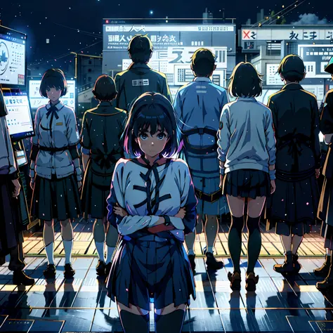 there is a girl standing in front of a group of people, still from a live action movie, rings asuka iwakura station game, cyber ...