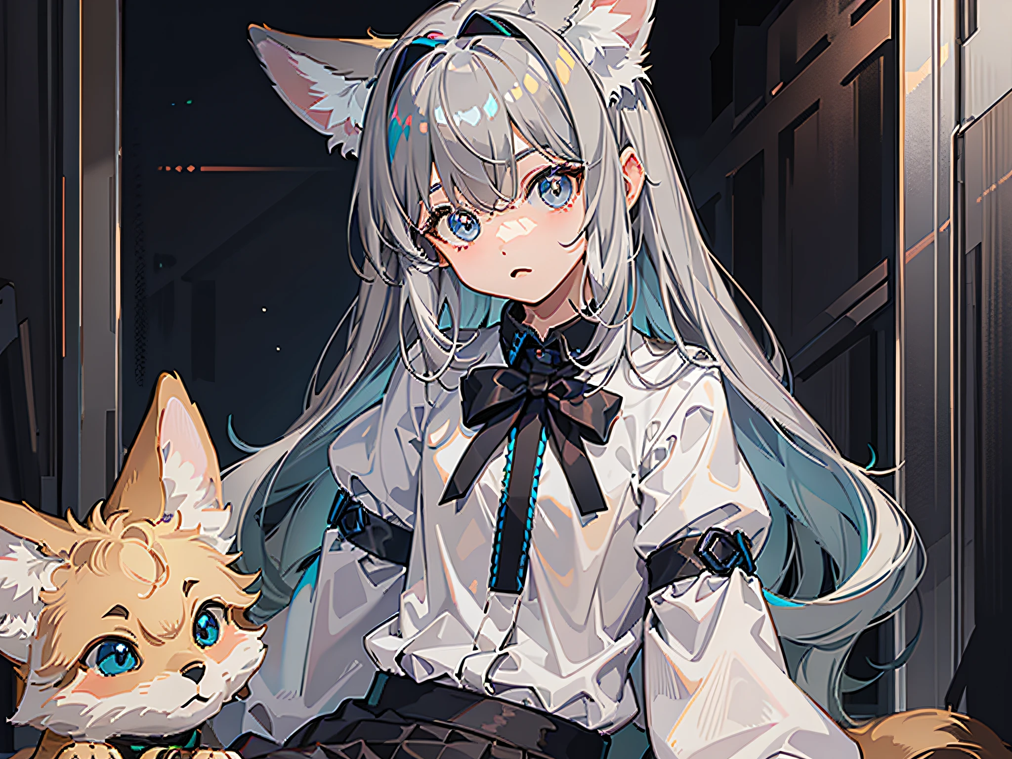 (HD quality, masterpiece level) (cute boy character) Shota, dark gray hair, blue eyes, cute fox ears and nine tails, (wearing a skirt), with bangs, covered ears and hair on the head, subtle youth, soft background.