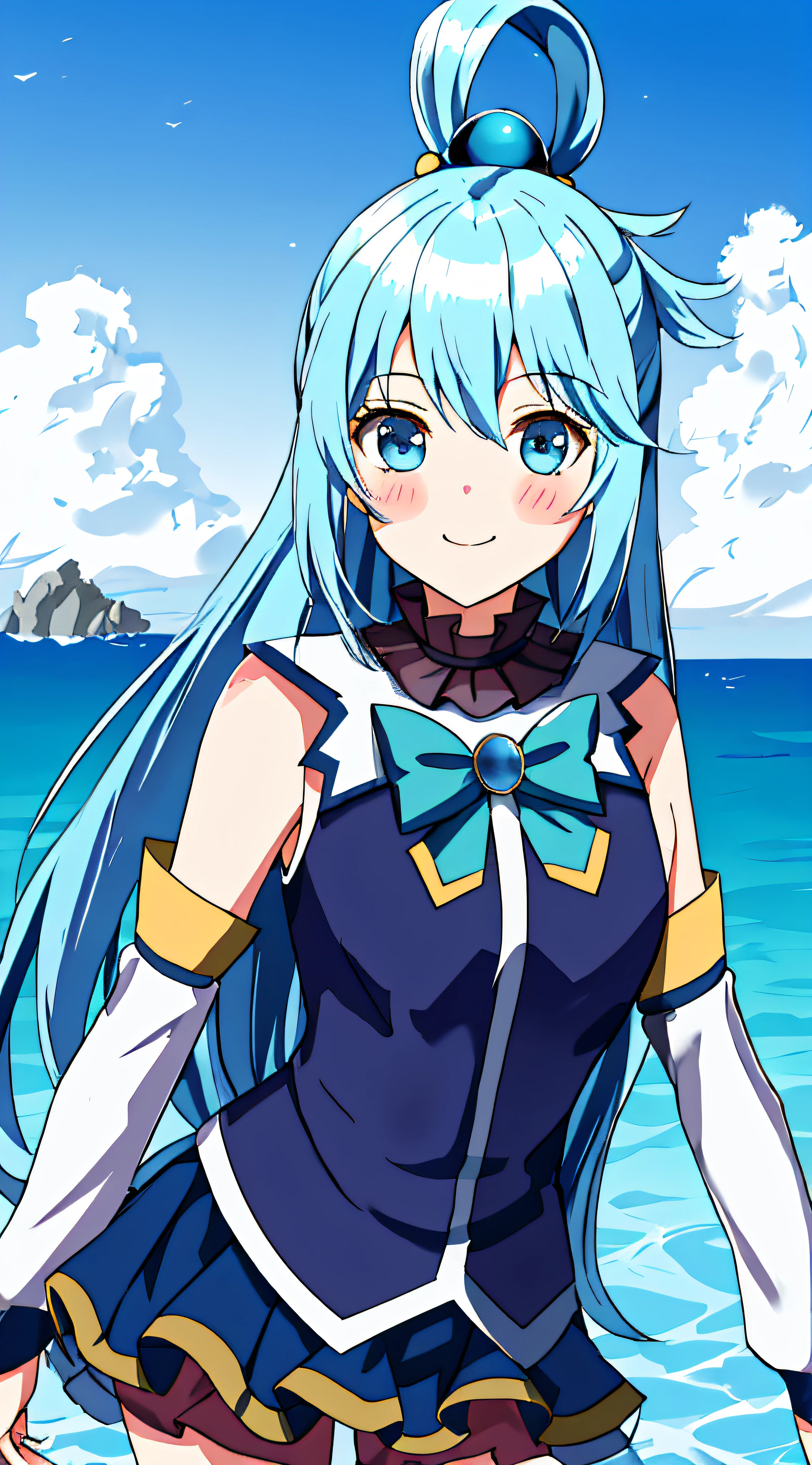 Aqua(Konosuba), MKSKS Style, (Very detailed background: 1.0), (Very detailed background: 1.0), {Masterpiece}, High Quality, One Girl,, Blue Eyes,,Blue Hair,,Chest, Separated Sleeves, Hair Ornament, Hair Ring, Long Hair, Watch Viewer, Single Hair Ring, Smile, Solo, Very Long Hair, Water, Konosbarashii Sekainish Kufukuwo!, (Face Only: 1.4),Sea