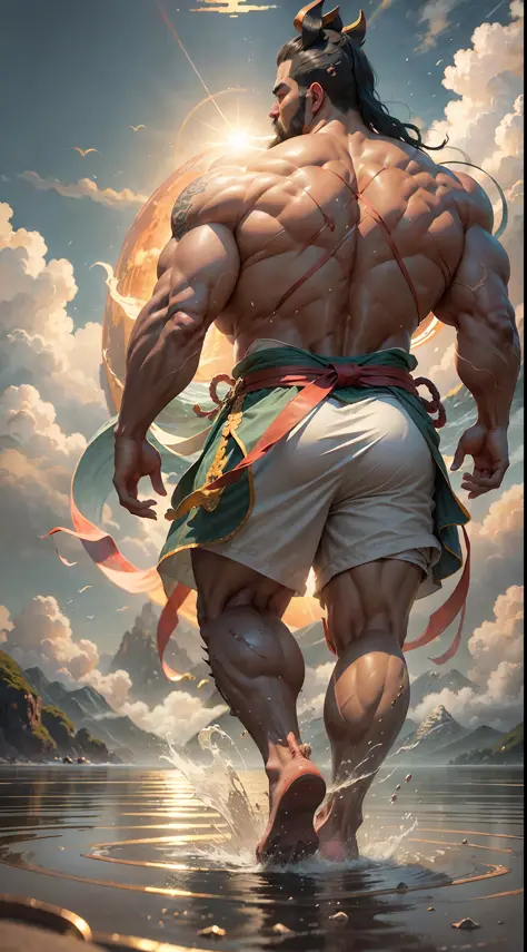 Father Qua chasing the sun, burly huge body, thick hands and feet, standing in front of the sun, running with his back to me, the mountain is not yet his knees, the sea water is not yet his ankles, ((back view)), ((Chinese mythology)), high quality, ultra-...