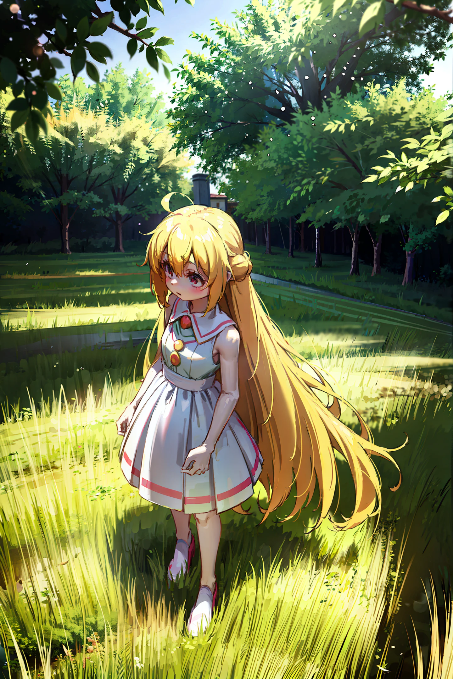 anime girl with long blonde hair and a green dress standing in front of a tree, splash art anime loli, cute anime girl, anime visual of a cute girl, cute anime waifu in a nice dress, chibi anime girl, chibi girl, loli in dress, cute anime, anime chibi, kawacy, advanced digital chibi art, small curvy loli