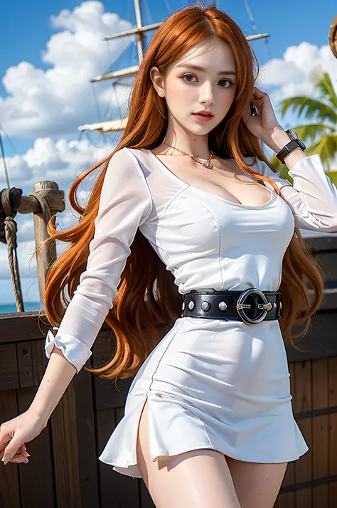 (((masterpiece+best quality+high resolution+ultra-detailed))), 1girl with clima-tact, Nami, long silky orange hair, high nose, sharp eyes, noble and inviolable temperament, (([female]: 1.2 + [beauty]: 1.2 + orange long hair: 1.2)), pirate ship background, ...