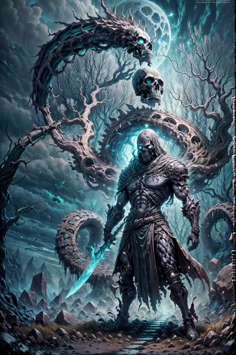 best image quality, masterpiece, super high resolution, 
BREAK 
"Imagine a chilling scene of a skeleton warrior standing atop an...