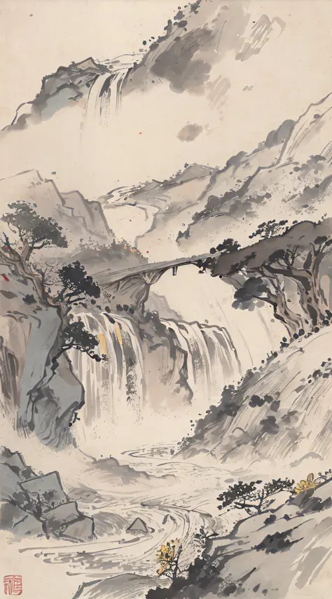 (Masterpiece, best quality: 1.2), traditional Chinese ink painting, large waterfall between mountains, rough waves, Yellow River...