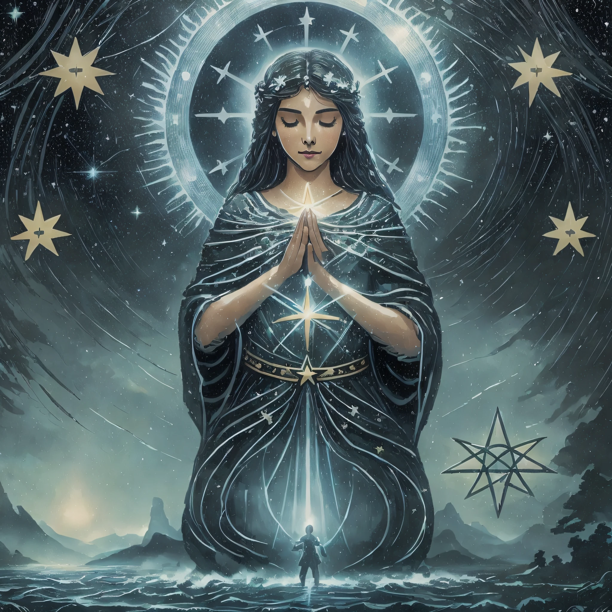 The card "The Star" in the Tarot is an image of hope and renewal. It depicts a, kneeling on the edge of a river, pouring water from two jugs. Above it, a bright star illuminates the night sky. The woman represents the connection between heaven and earth, and the water symbolizes the spiritual energy flowing into the physical world. The Star card evokes feelings of optimism, confidence and healing. It reminds us that even in the darkest moments, there is a bright light that guides us. The star in the sky represents divine guidance, showing us the way forward. It brings with it a sense of peace and tranquility, inviting us to connect with our intuition and follow our deepest dreams. The Star card encourages us to have hope, believe in ourselves, and seek inner harmony. It reminds us that we are able to heal, transform, and manifest our highest aspirations. The presence of the Star card in a reading often indicates a period of renewal, inspiration, and spiritual protection. It invites us to trust in our journey and to have faith in a better future.