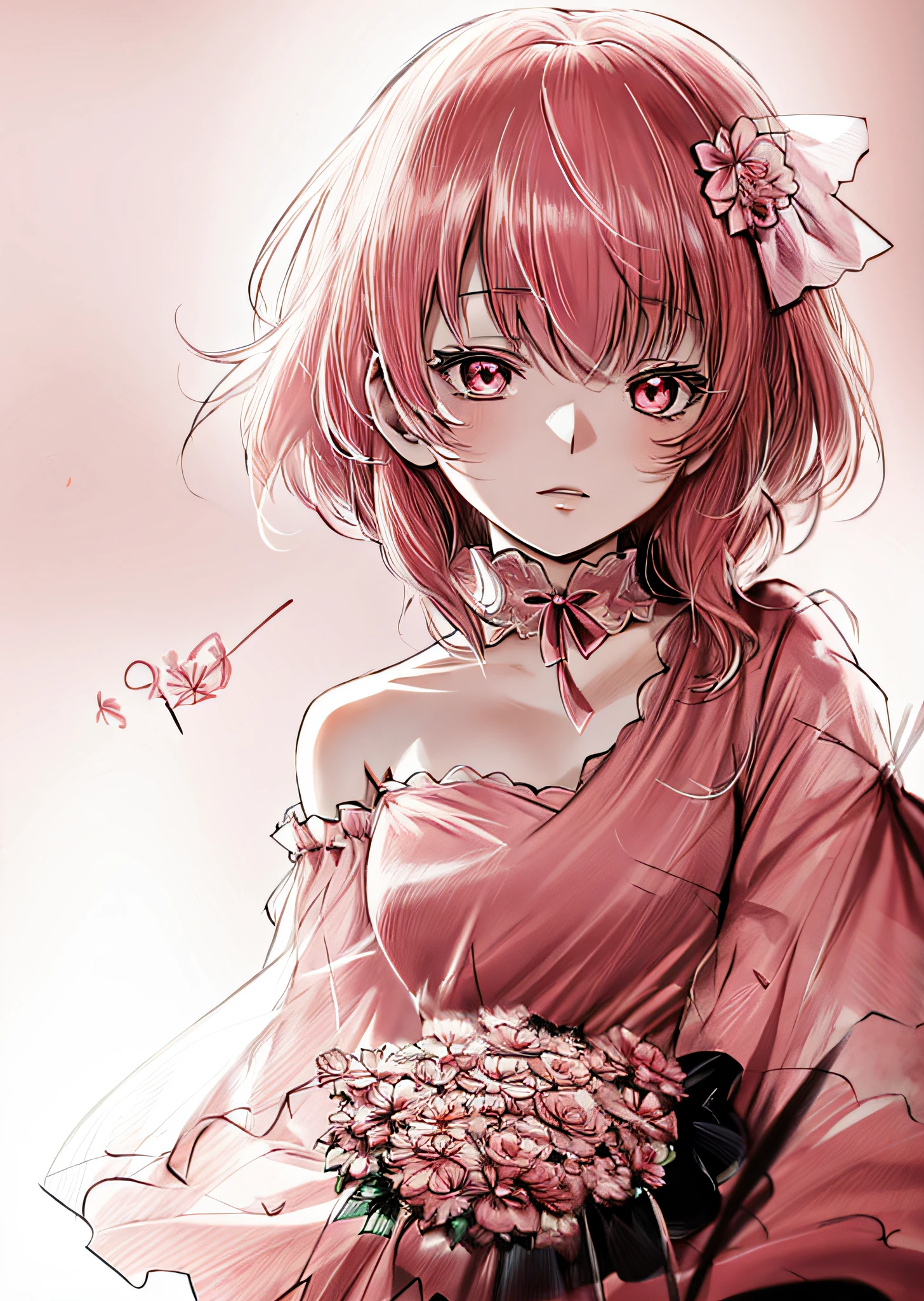 um desenho de uma mulher em um vestido de noiva segurando um buquê, silhueta de anime limpa,  de vestido, flores vermelhas, vestido rosa