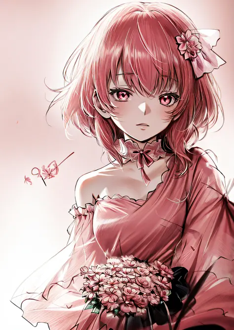 A drawing of a woman in a wedding dress holding a bouquet, clean anime silhouette, loli in dress, red flowers, pink dress