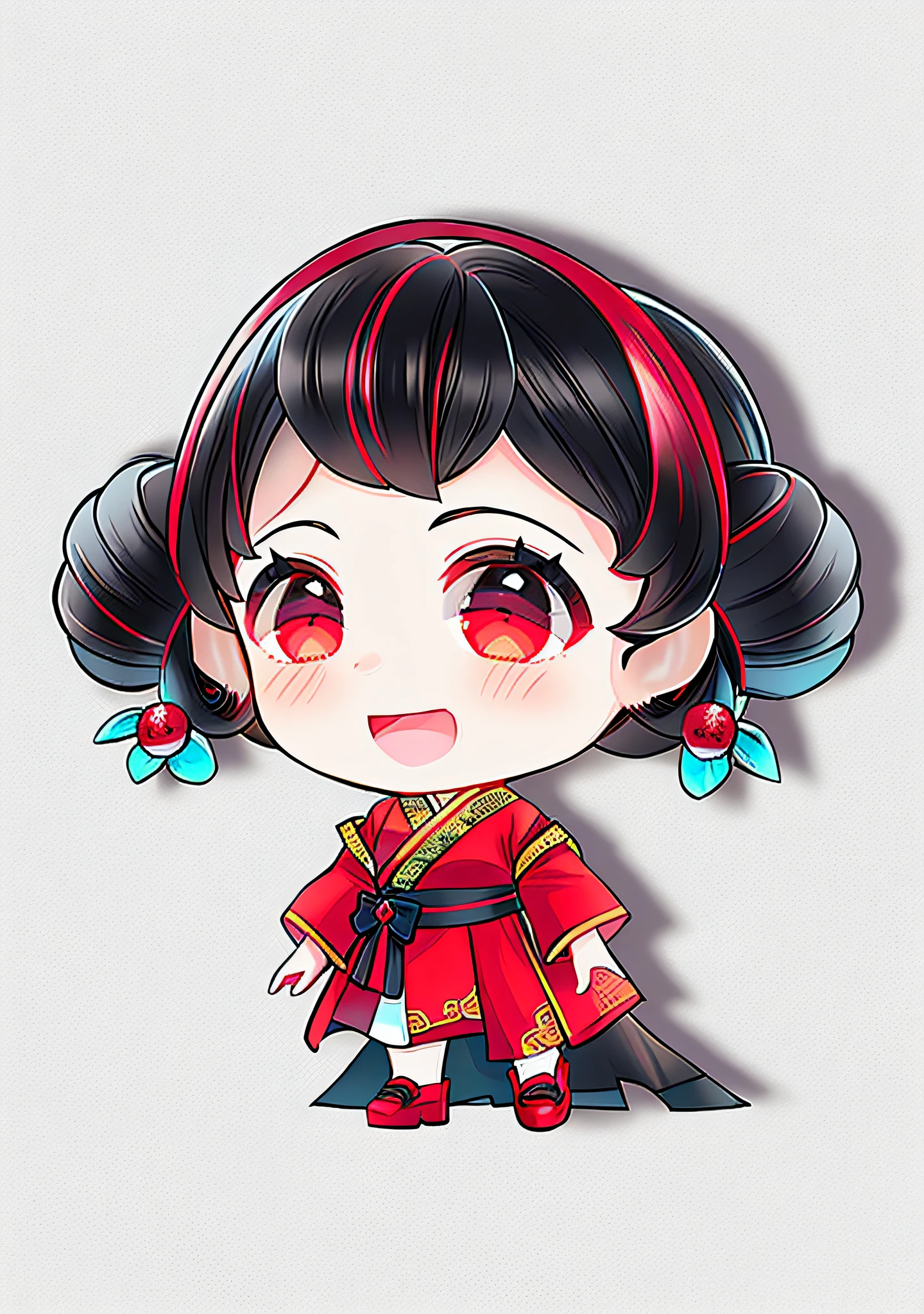 1 girl, (Chinese style: 1.5), hanfu, red clothes, long hair, double tails, boots, blush, open mouth, hair ornament, white background, solo, teruterubouzu, very long hair, long sleeves, low double tail, bow, bangs, smile, dark eyes, full body, :d, snail, red footwear, white background, standing, food-themed hair accessories, hair bow, holding, black hair, hair flower,