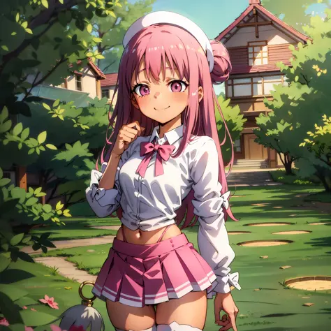 loli, pink hair, small breasts, smiling, small hips, big thighs, white shirt, pink miniskirt, garters