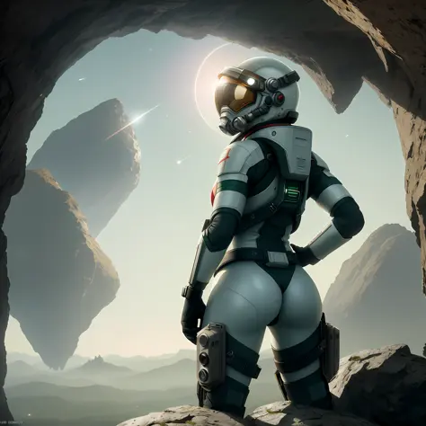 Highly detailed RAW color photo, rear view, full body, (astronaut in a white and red spacesuit, futuristic helmet, tinned mask, respirator, prominent loot), outdoors, (leaning on the edge of a rock and looking at advanced alien structures), on an exotic al...