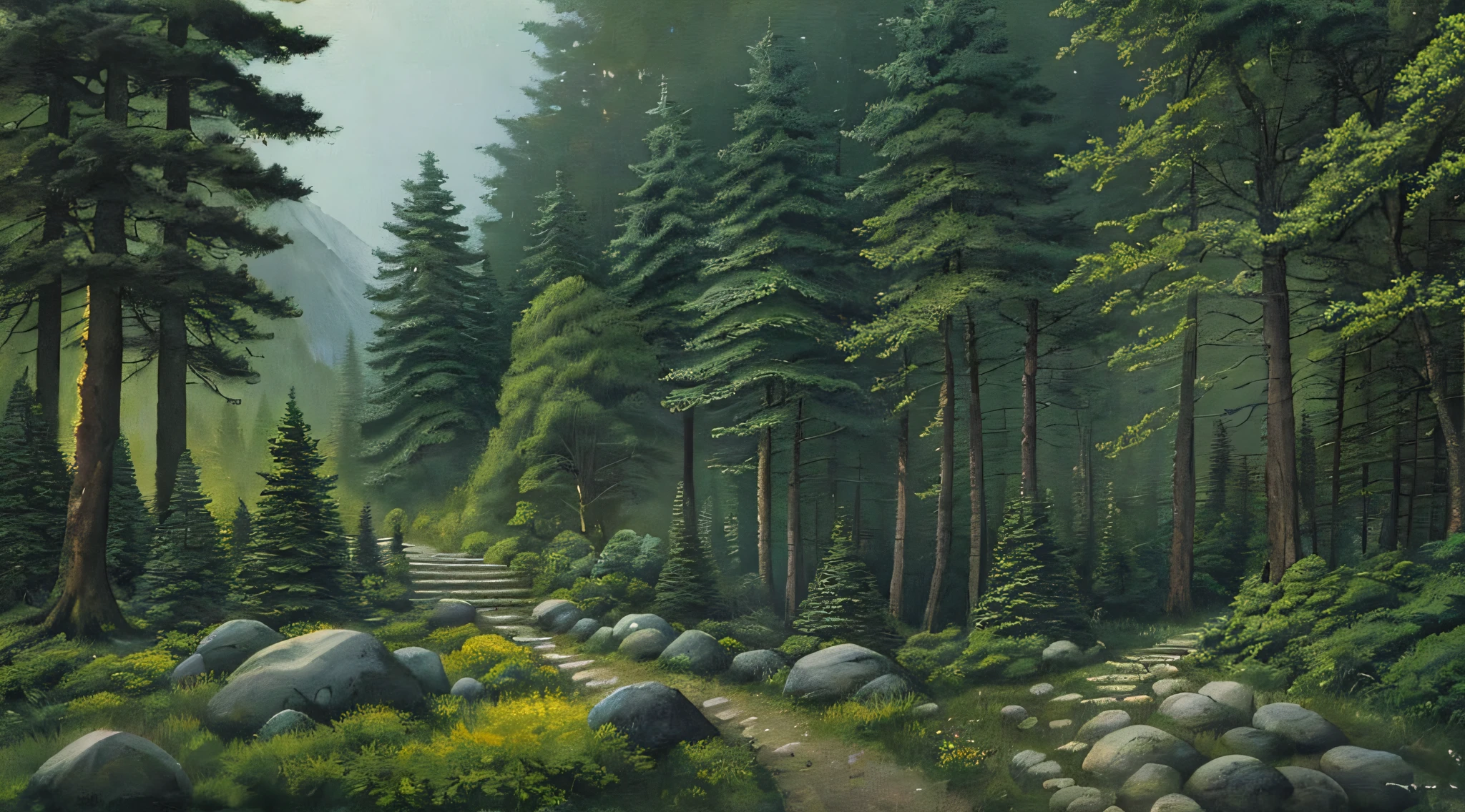 At night, the forest, a path through it, small stones, forest painting elegant, large and small rocks, forest in the background, forest setting, random forest landscape, concept art, concept art, Canadian mountain view, inspired by Emily Carr