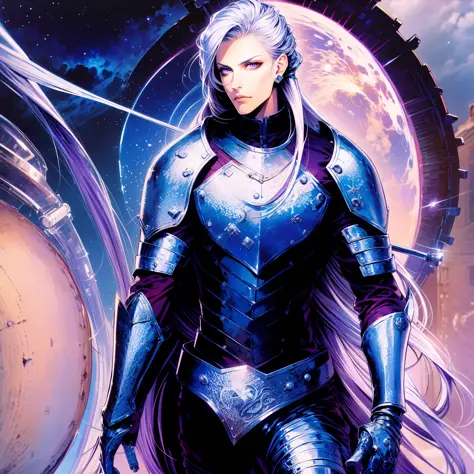 Guy, purple eyes, long silver hair, leather armor, outraged, high detail