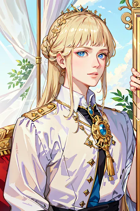 Portrait of young empress, beautiful, napoleon, caesar, villain, blue eyes, long blonde hair, emperor's mantle, empire