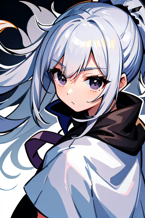 Silver-haired girl, black eyes, white chewy superhero costume, ponytail hair, black cape