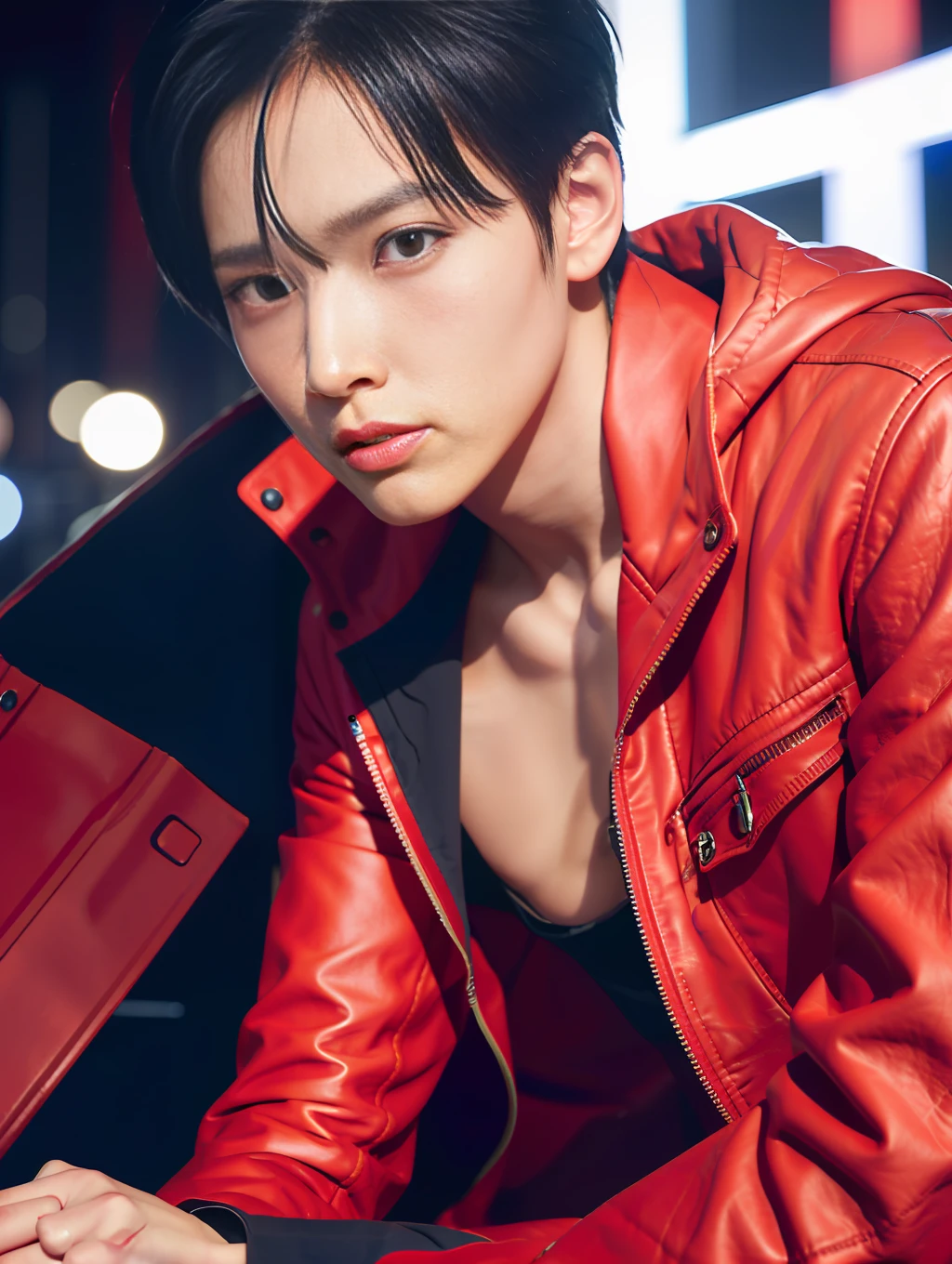 Close up of a man with black hair, red leather jacket looking to the side, city at night, movie blue lights, chiaroscuro, 8K, original, HD, stunning masterpiece, threatening smile, cute character and cute, thin, muscular man, textured skin, glowing , Asian idol, Choi Seo kun, Jimin Greek nose, Sung Yanjun, male Urzan, glowing red eyes, Kim Tae Joon.