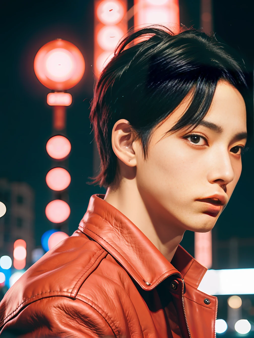 Close up of a man with black hair, red leather jacket looking to the side, city at night, movie blue lights, chiaroscuro, 8K, original, HD, stunning masterpiece, threatening smile, cute character and cute, thin, muscular man, textured skin, glowing , Asian idol, Choi Seo kun, Jimin Greek nose, Sung Yanjun, male Urzan, glowing red eyes, Kim Tae Joon.