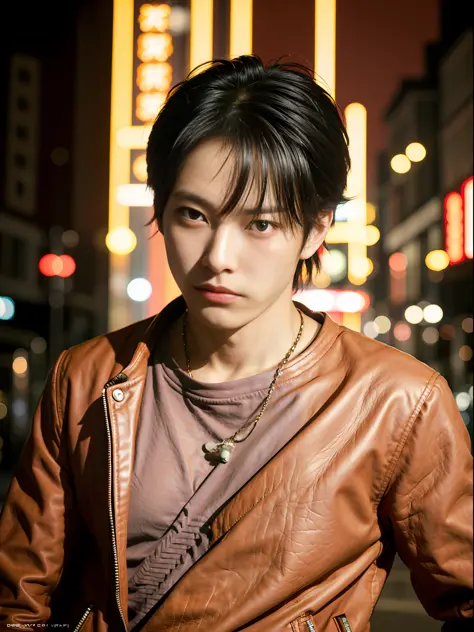 King of Fighters, Kyo Kusanagi, close-up of a man with black hair, red leather jacket looking sideways, city at night, movie blu...