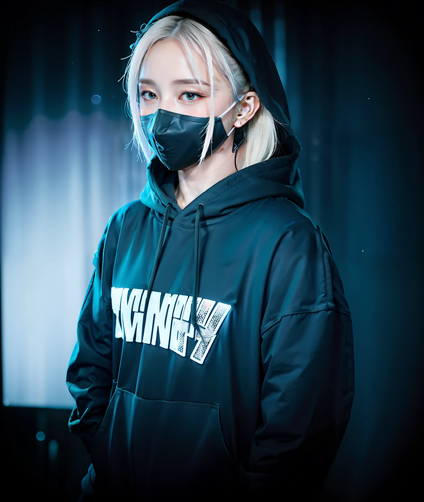 1 european young woman, techwear, white futuristic clothing, wet body, (cyberpunk:0.8), (low light:0.8), white hair, sci-fi, black hoodie, black fabric mask, grays long hair, hair to front, (wet cloth:0.5), (night:1.5), dark light, smog japan street, rain, hyper realistic, (hdr:1.2), (artstation:0.5), cinematic, soft colour, mist, raindrops, (natural skin texture, hyperrealism, soft light, sharp:1.2)