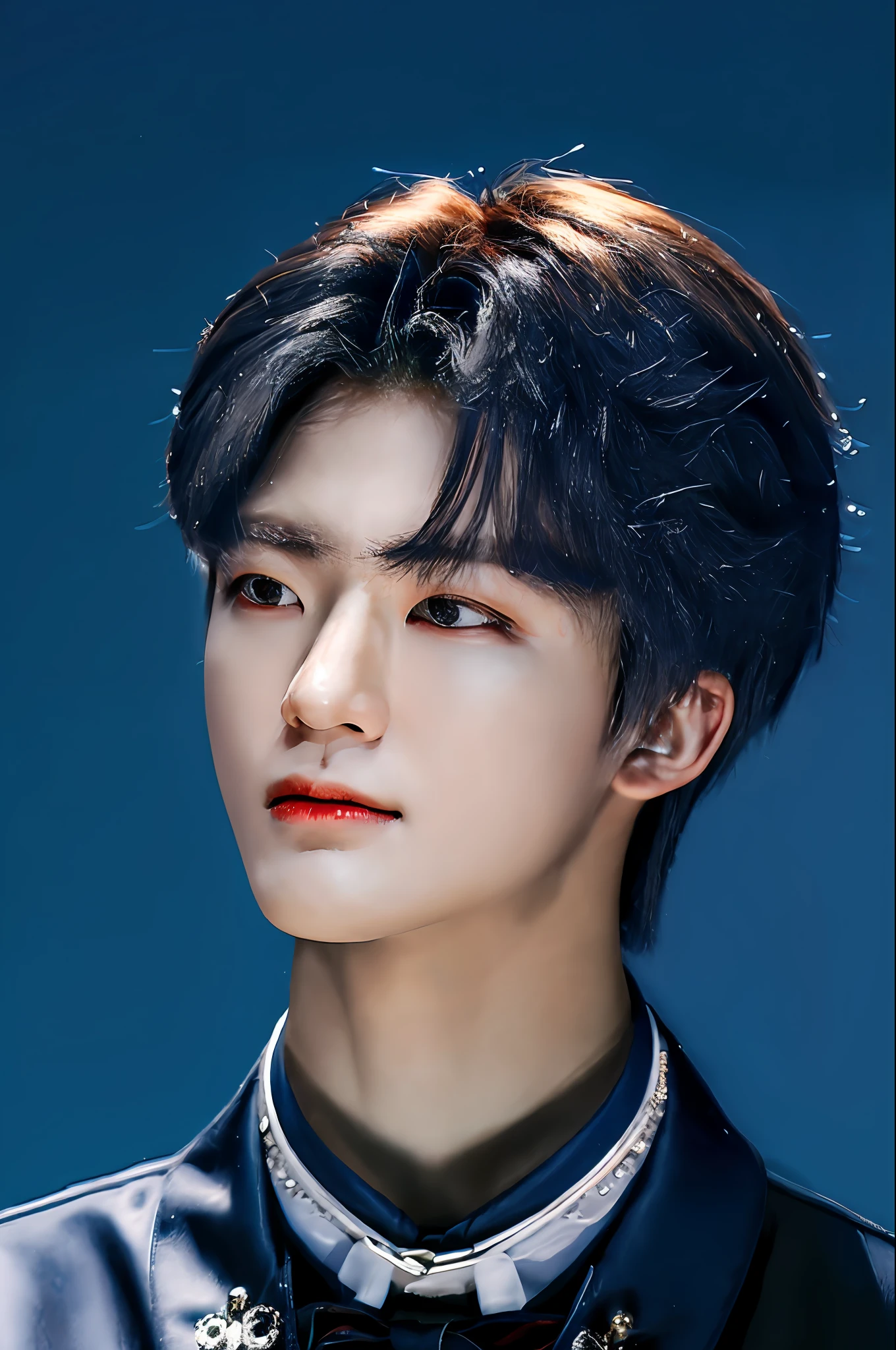 jaemin, front facing, twink, parted lips, (dark navy hair:1.2), dark navy prince regal outfit, (ultra realistic:1.2), (close up:1.2), (gothic european castle background:1.2), (intricate:1.2), (looking at viewer:1.2), male focus, 1male, solo,